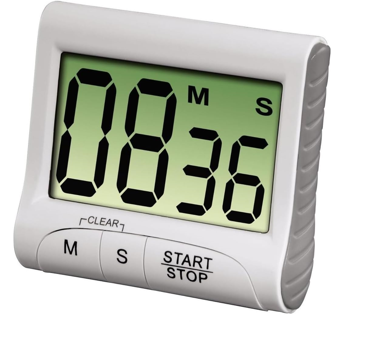 Ein weißer digitaler Küchentimer zeigt 08 Minuten und 36 Sekunden an. Tasten sind M, S und Start/Stopp. Das Display ist grün.