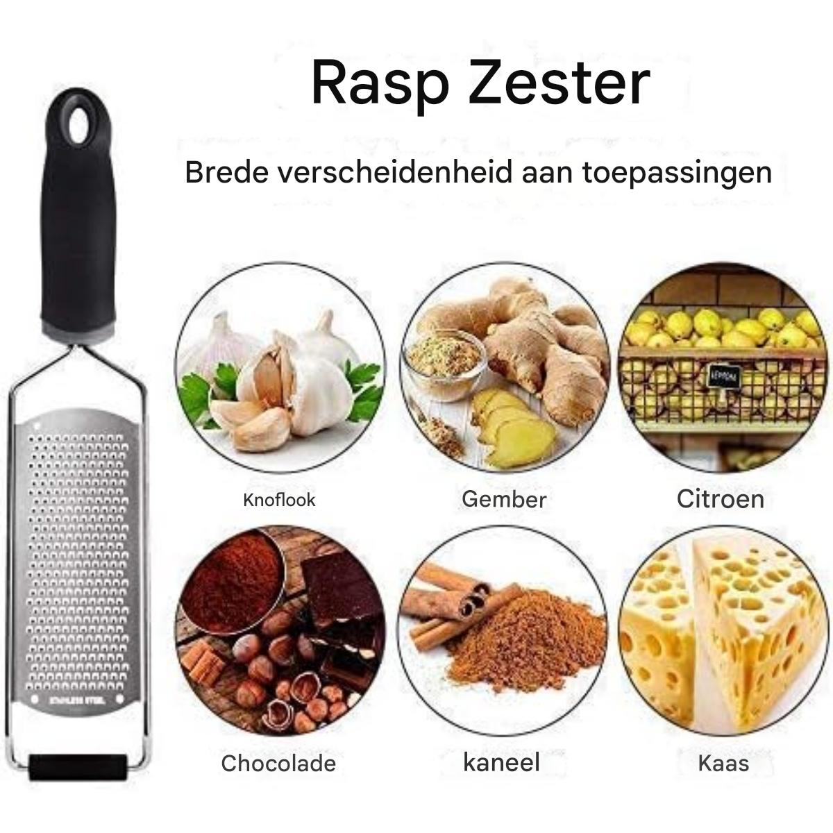 Ein Raspel-Zester mit schwarzem Griff und verschiedenen Zutaten: Knoblauch, Ingwer, Zitronen, Schokolade, Zimt und Käse.