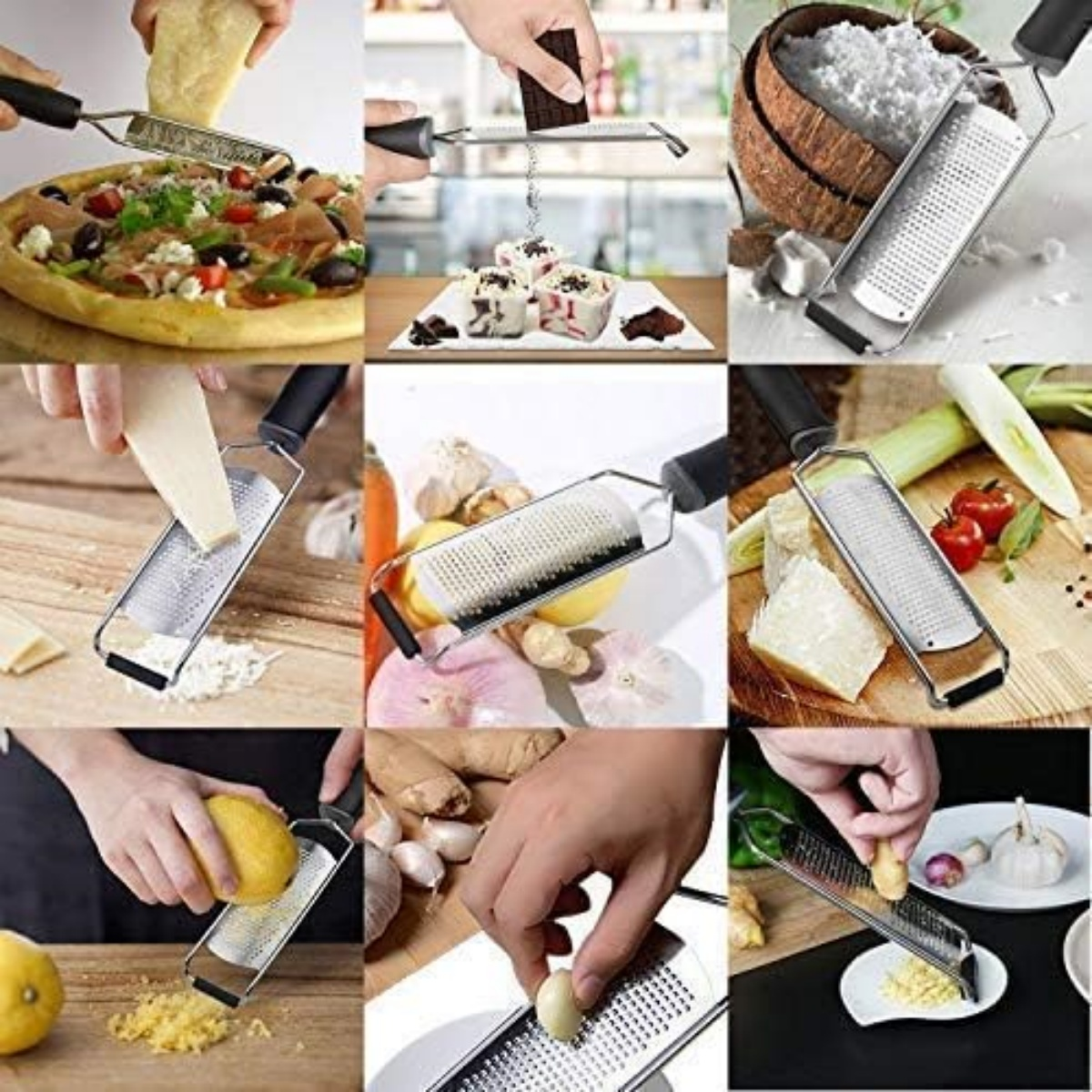 Eine Collage, die zeigt, wie verschiedene Lebensmittel mit einer Reibe gerieben werden. Enthält Käse, Schokolade, Kokosnuss, Zitrone, Knoblauch und Ingwer.