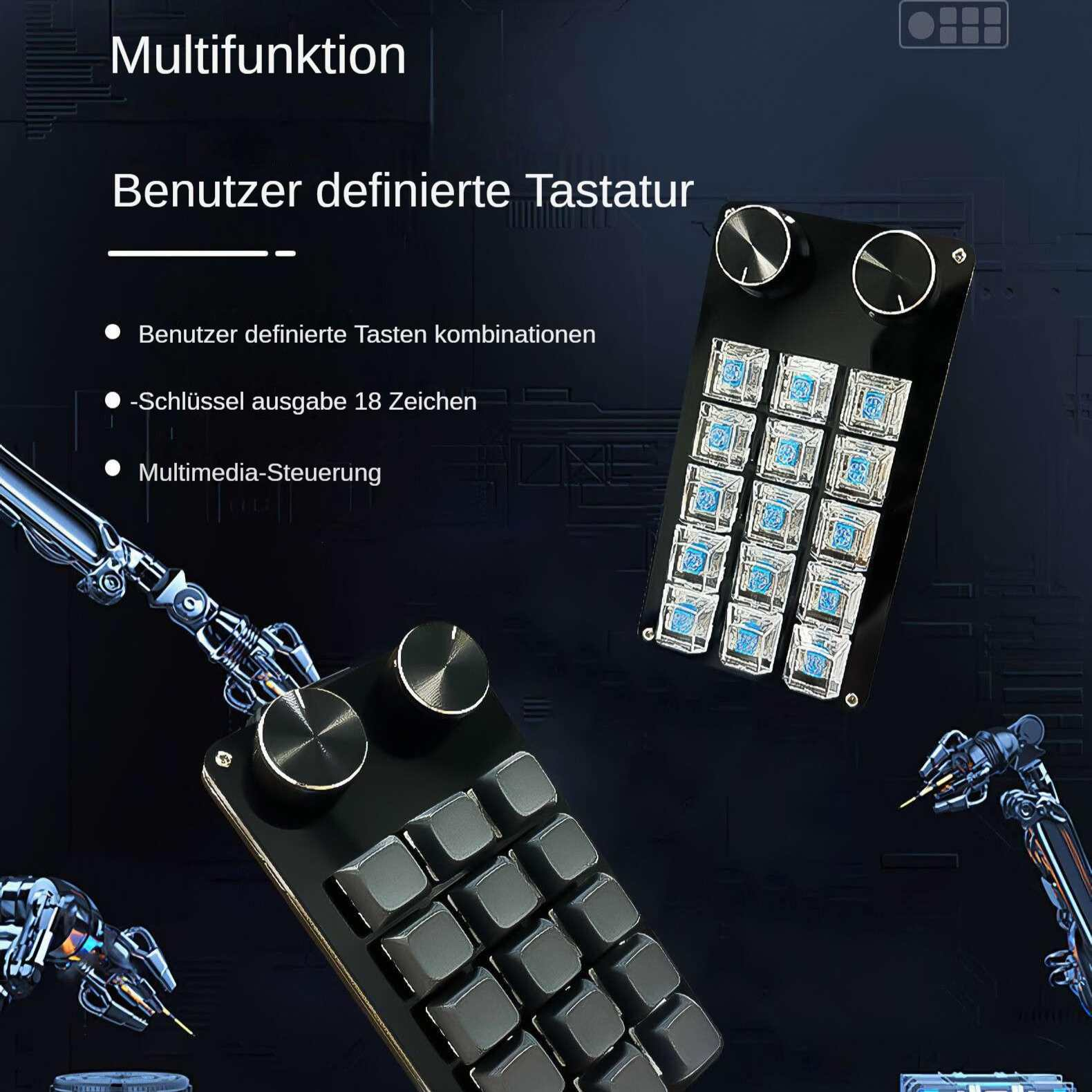 Das Bild zeigt eine benutzerdefinierte Tastatur mit Tasten und Knöpfen. Text auf Deutsch beschreibt Funktionen.