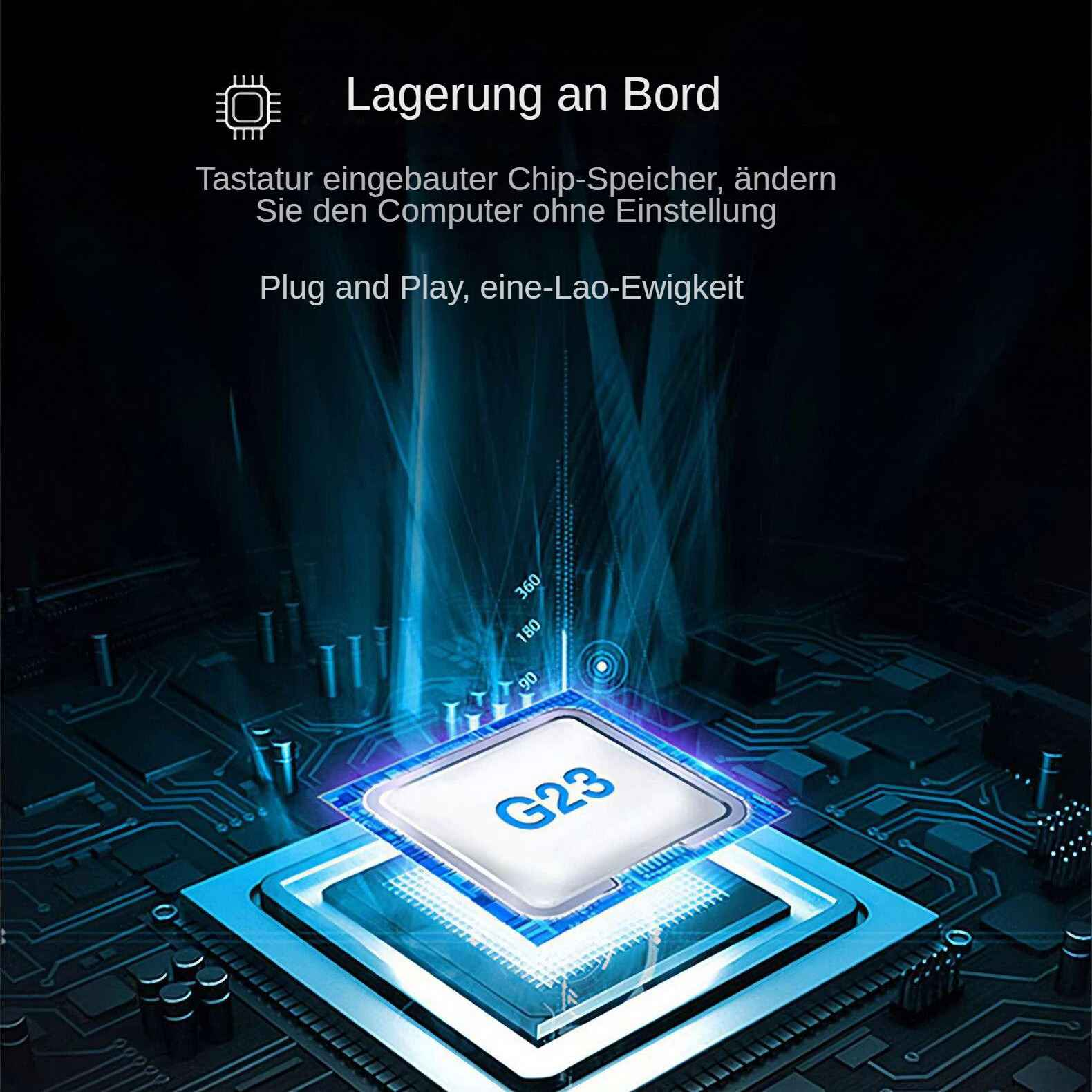 Ein Computerchip mit der Bezeichnung G23 befindet sich auf einer Platine mit deutschem Text. Blaue und schwarze Farben dominieren.