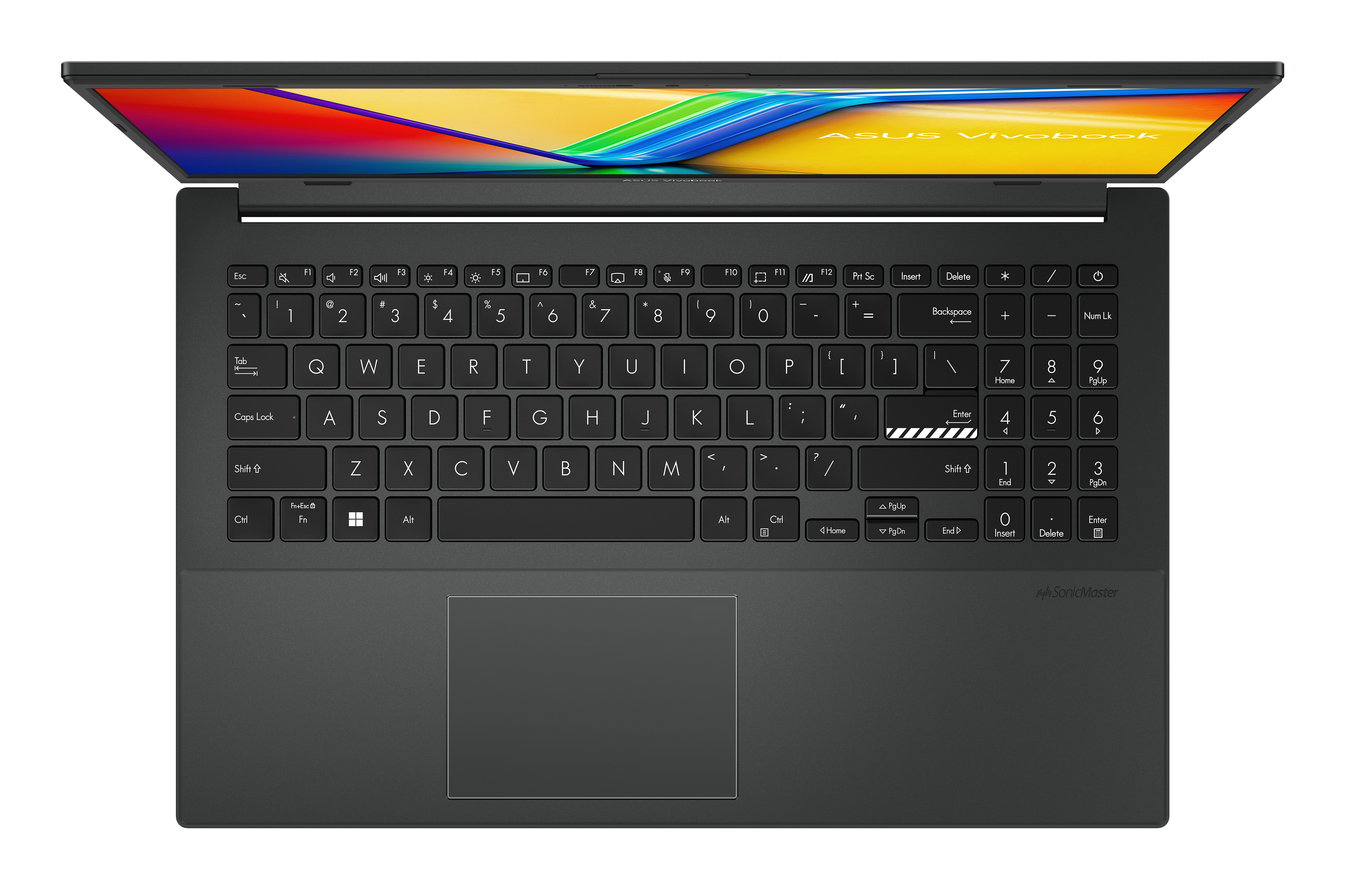 Laptop aperto, con tastiera e schermo con gradiente colorato. Asus Vivobook è scritto in alto.