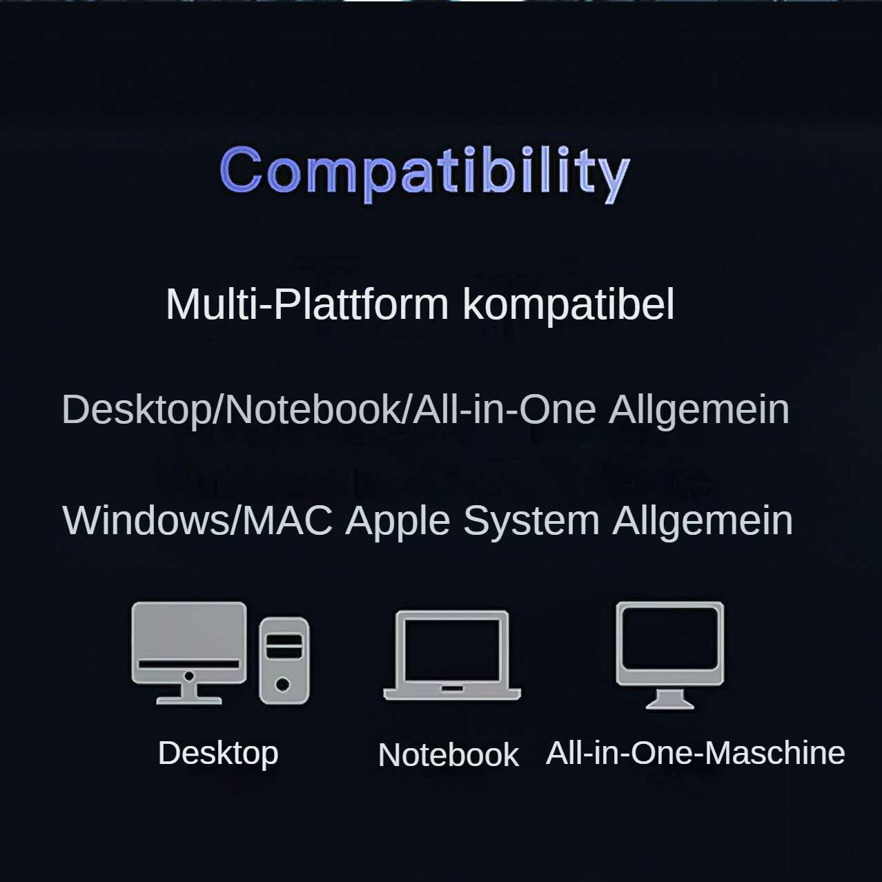 Das Bild zeigt Kompatibilitätsinformationen mit Texten wie 'Kompatibilität', 'Desktop', 'Notebook' und 'All-in-One'. Computer-Icons sind abgebildet.