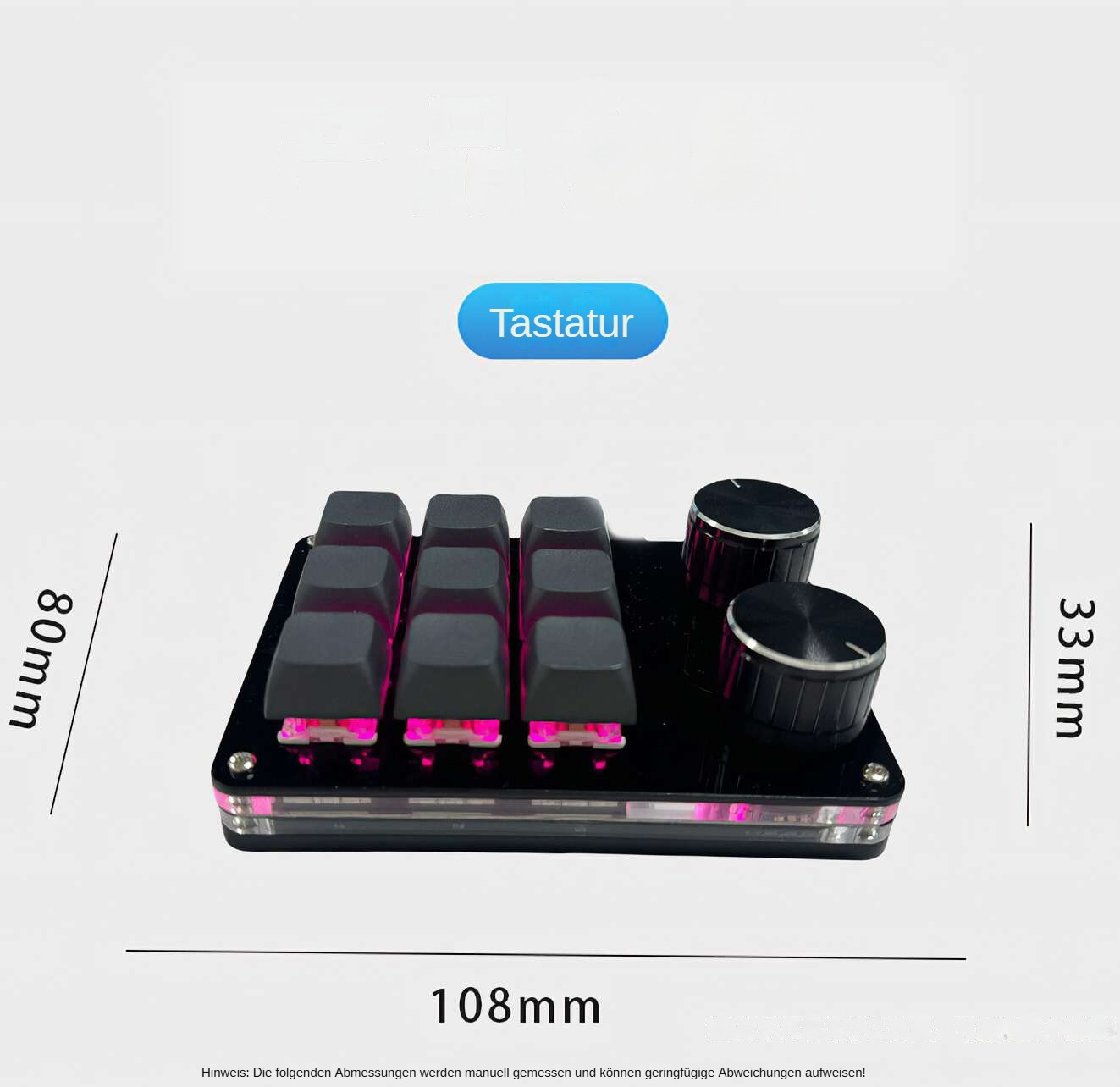 Kleine schwarze Tastatur mit zehn Tasten und zwei Knöpfen. Abmessungen: 108 mm breit, 80 mm hoch und 33 mm tief.