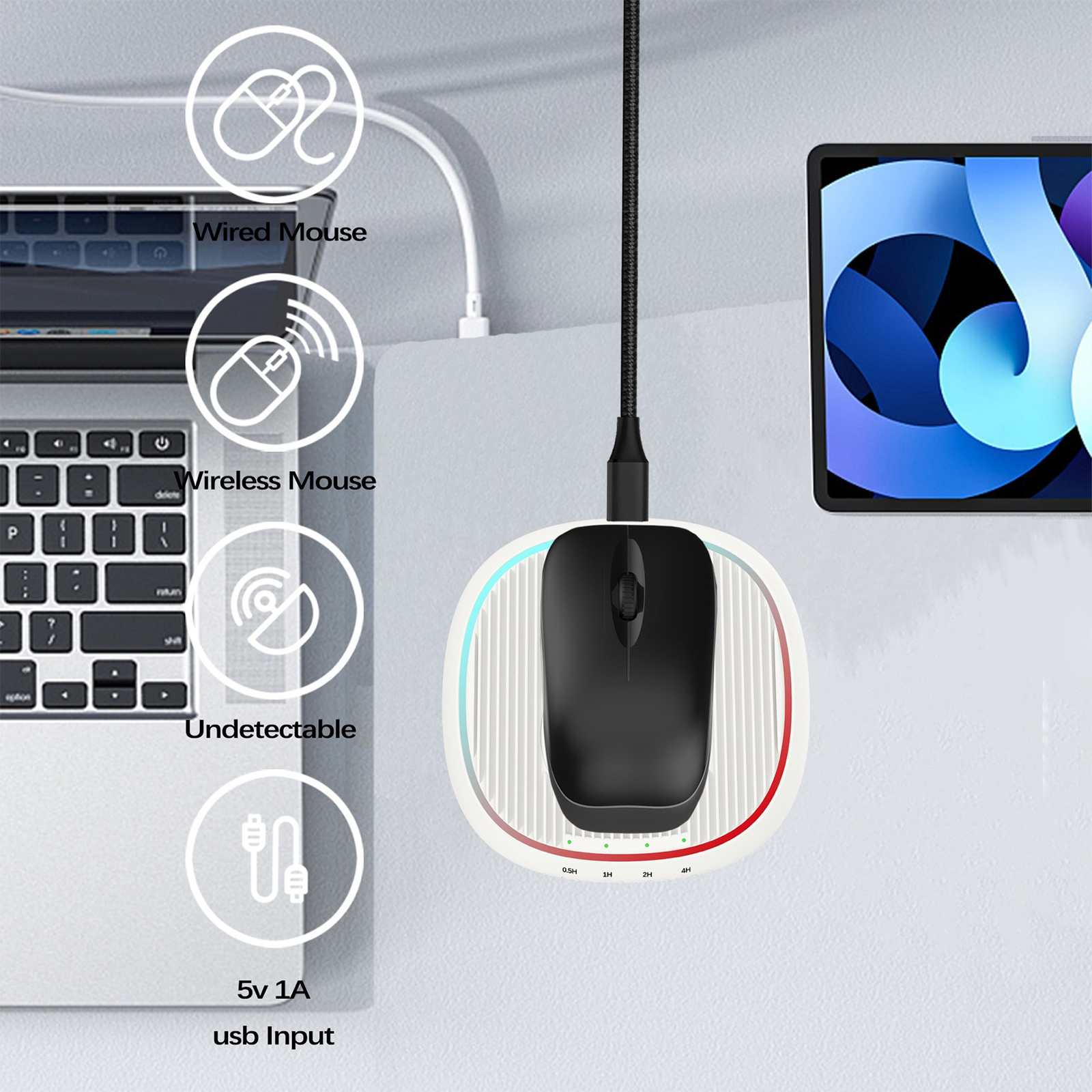 Eine schwarze Maus auf einer Ladestation, neben einem Laptop und einem Tablet. Symbole und Text zeigen drahtlose und kabelgebundene Optionen an.