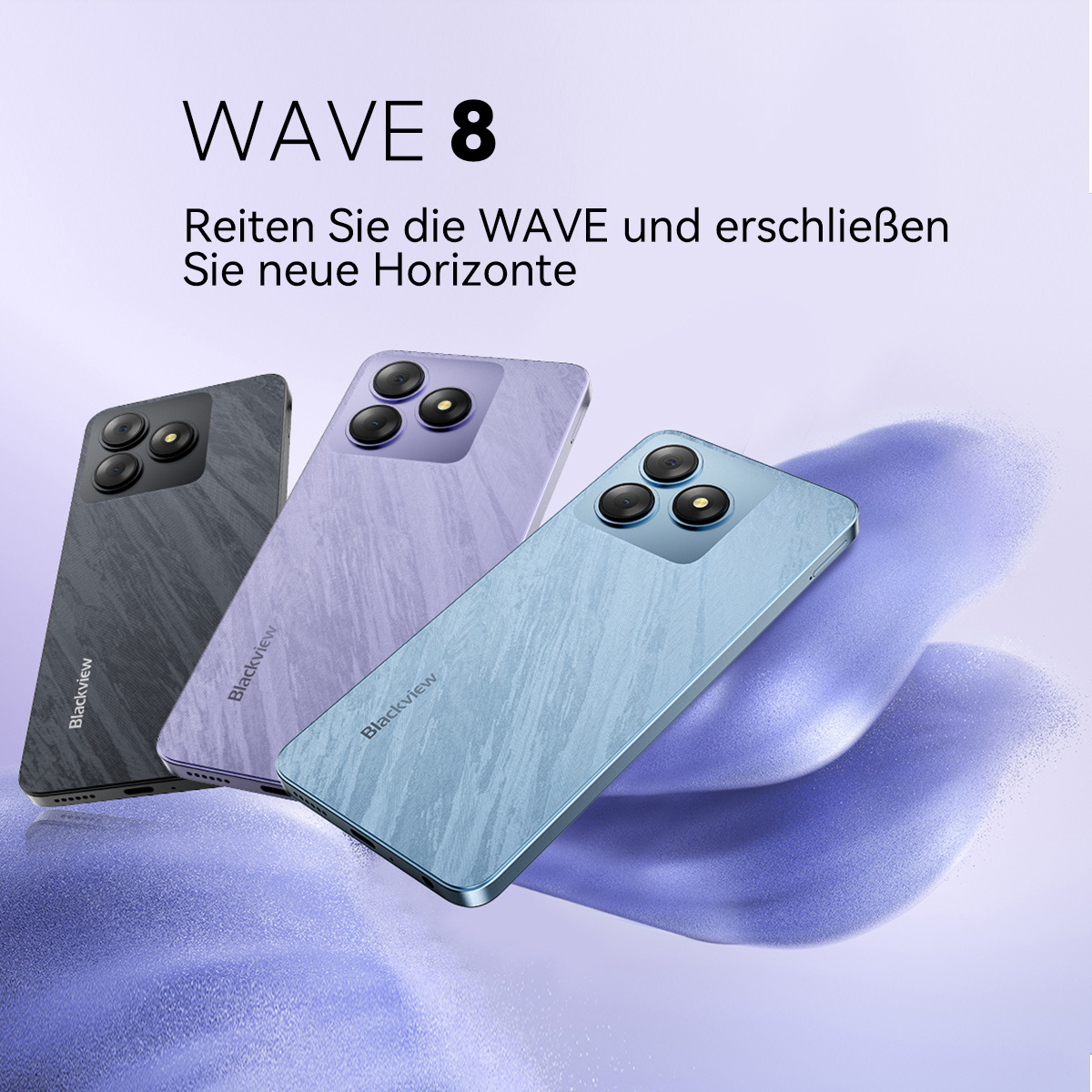 Drei Smartphones in Grau, Lila und Blau. Jedes hat eine Kamera mit drei Linsen. Oben steht der Text WAVE 8.