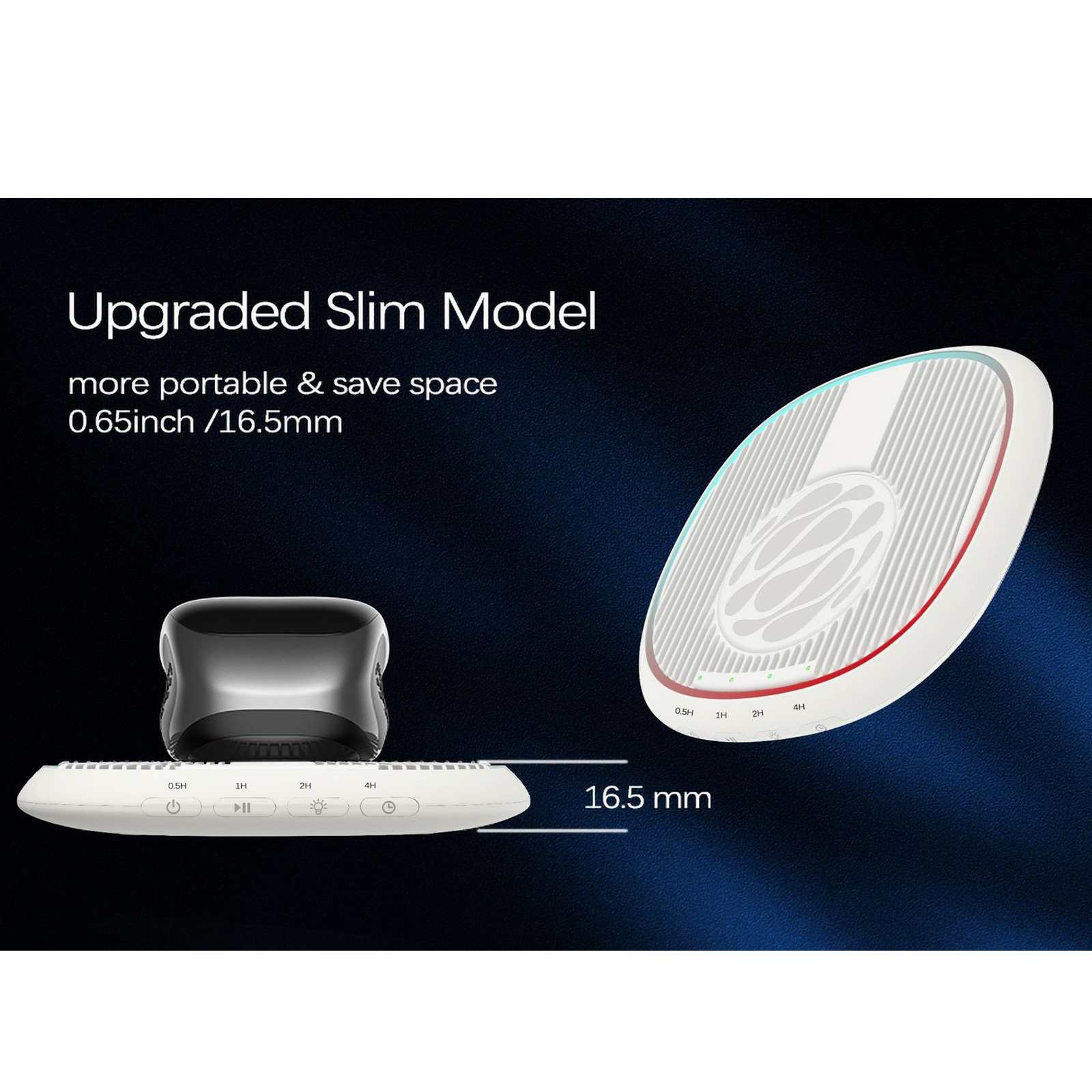 Das Bild zeigt ein weißes und schwarzes Gerät mit Steuertasten. Text sagt: Upgraded Slim Model, tragbarer, 0,65 Zoll/16,5 mm.