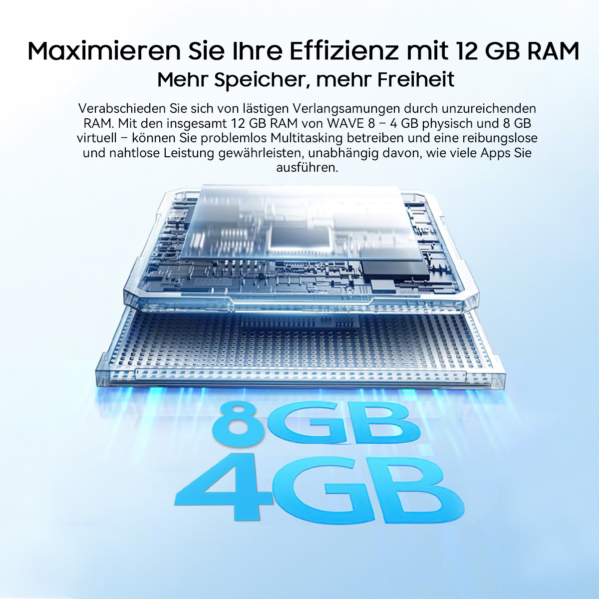 Das Bild zeigt ein RAM-Modul mit Textüberlagerung. Es steht 'Maximieren Sie Ihre Effizienz mit 12 GB RAM' und '8GB 4GB'.