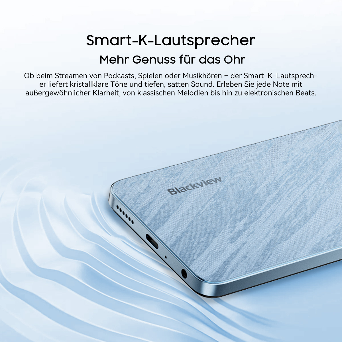 Nahaufnahme eines blauen Telefons mit dem Wort Blackview. Der Hintergrund hat ein blaues Wellendesign.