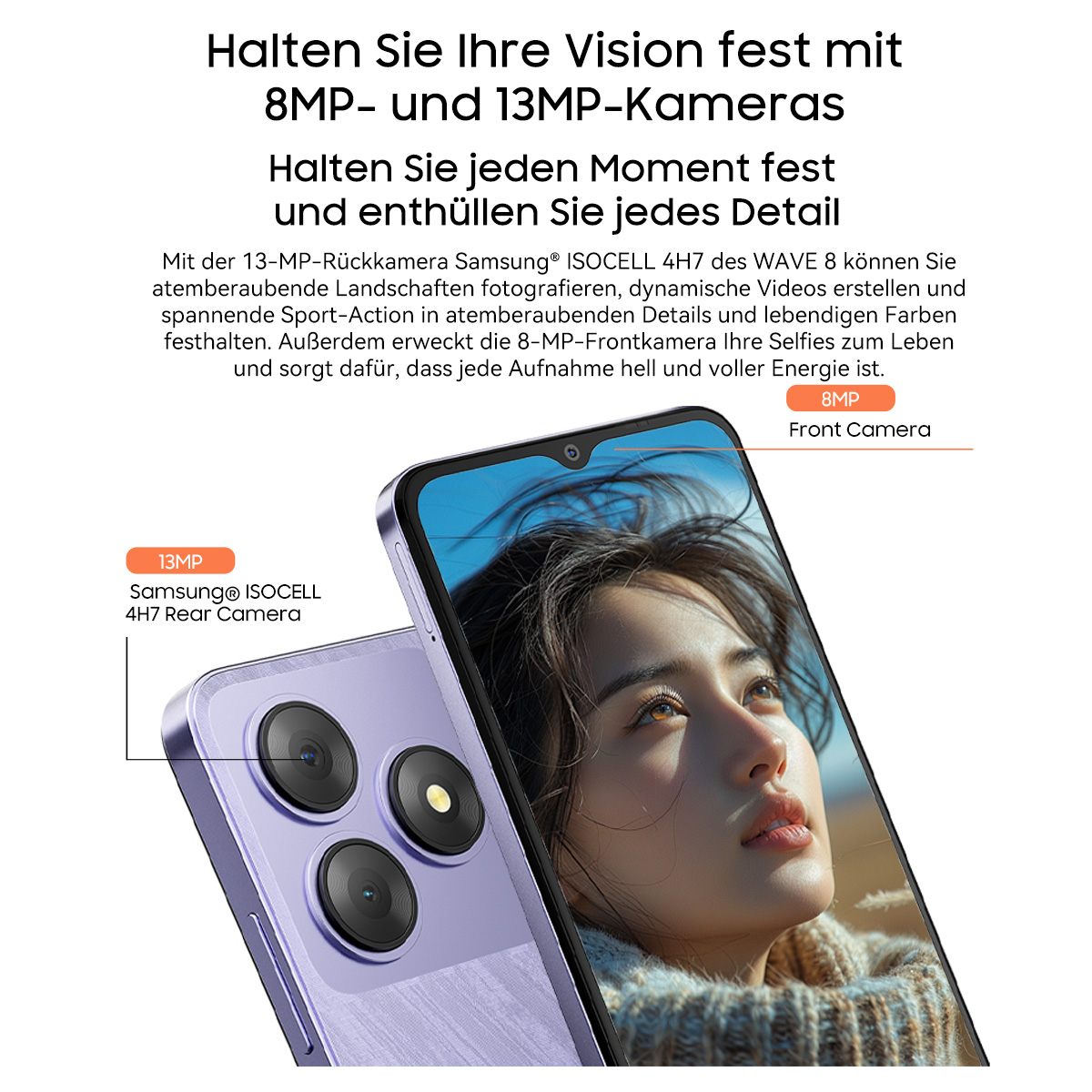 Ein Smartphone mit einer Frau auf dem Bildschirm, einer Dreifachkamera und Text über Kamerafunktionen.