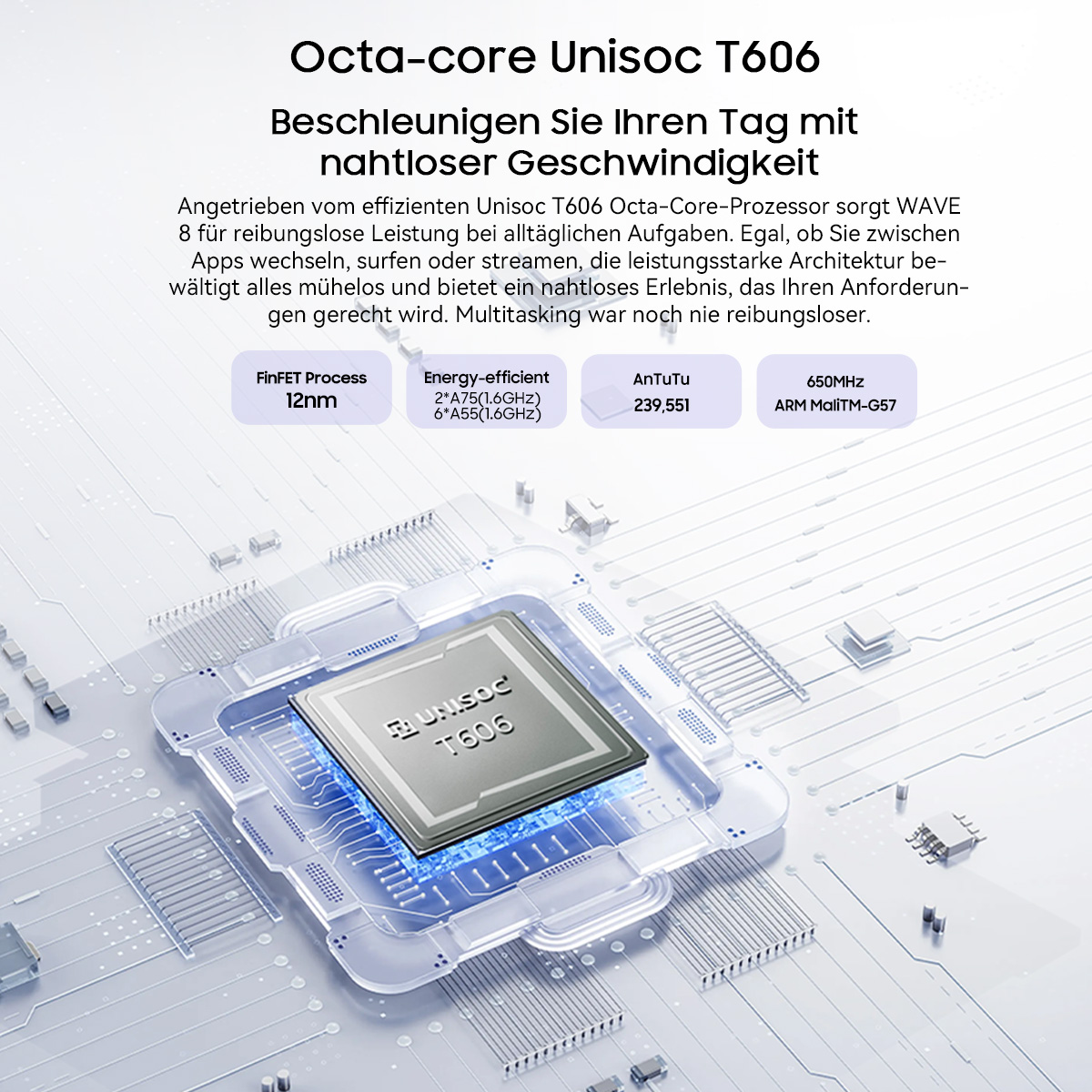 Grafik mit Unisoc T606 Prozessor, Spezifikationen und deutschem Text zu den Funktionen.