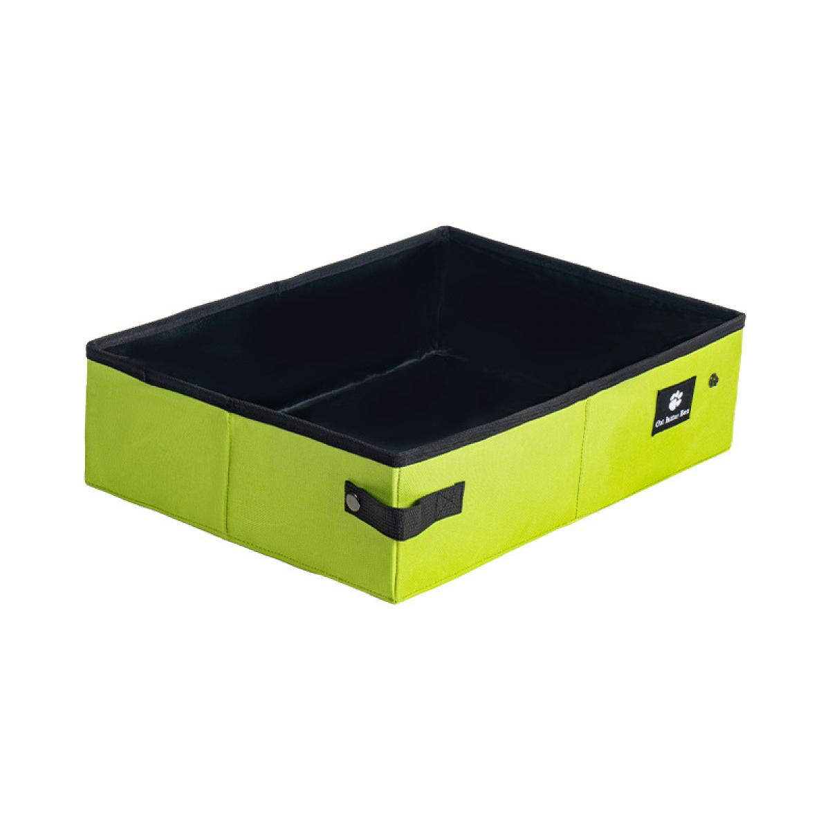 Eine limettengrüne rechteckige Box mit schwarzem Innenraum und Zierleiste. Sie hat schwarze Griffe und ein Logo an der Seite. Der Hintergrund ist weiß.