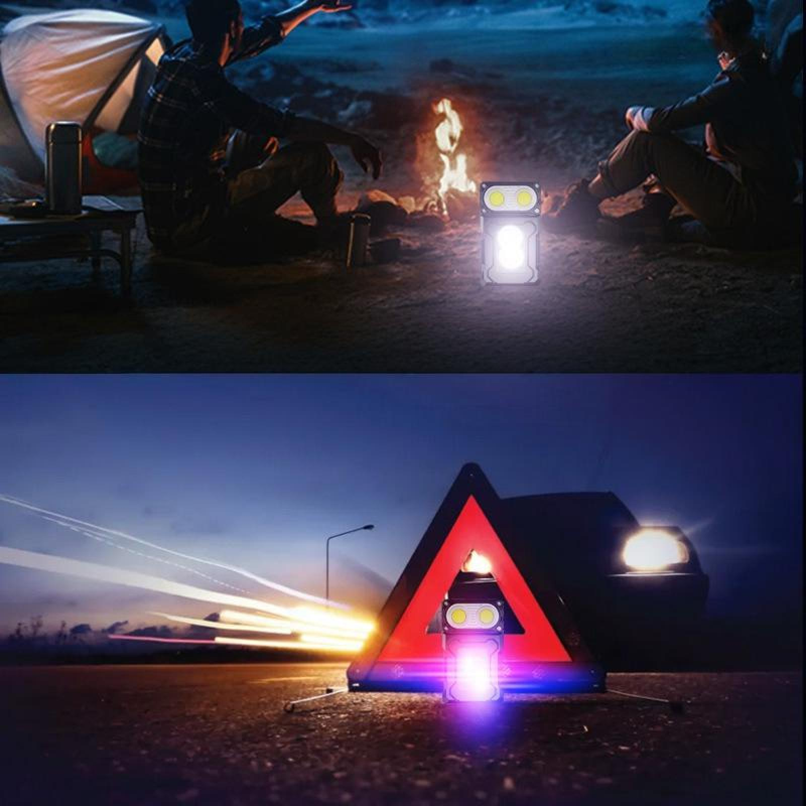 Zwei Szenen: Camping mit Feuer und Menschen, und ein Auto mit Warndreieck bei Nacht.