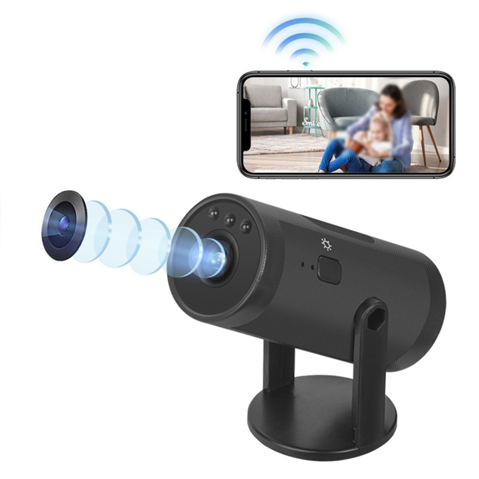 Schwarze Überwachungskamera mit Linsen und ein Telefon, das eine Person mit einem Kind zeigt. WLAN-Signal über dem Telefon.