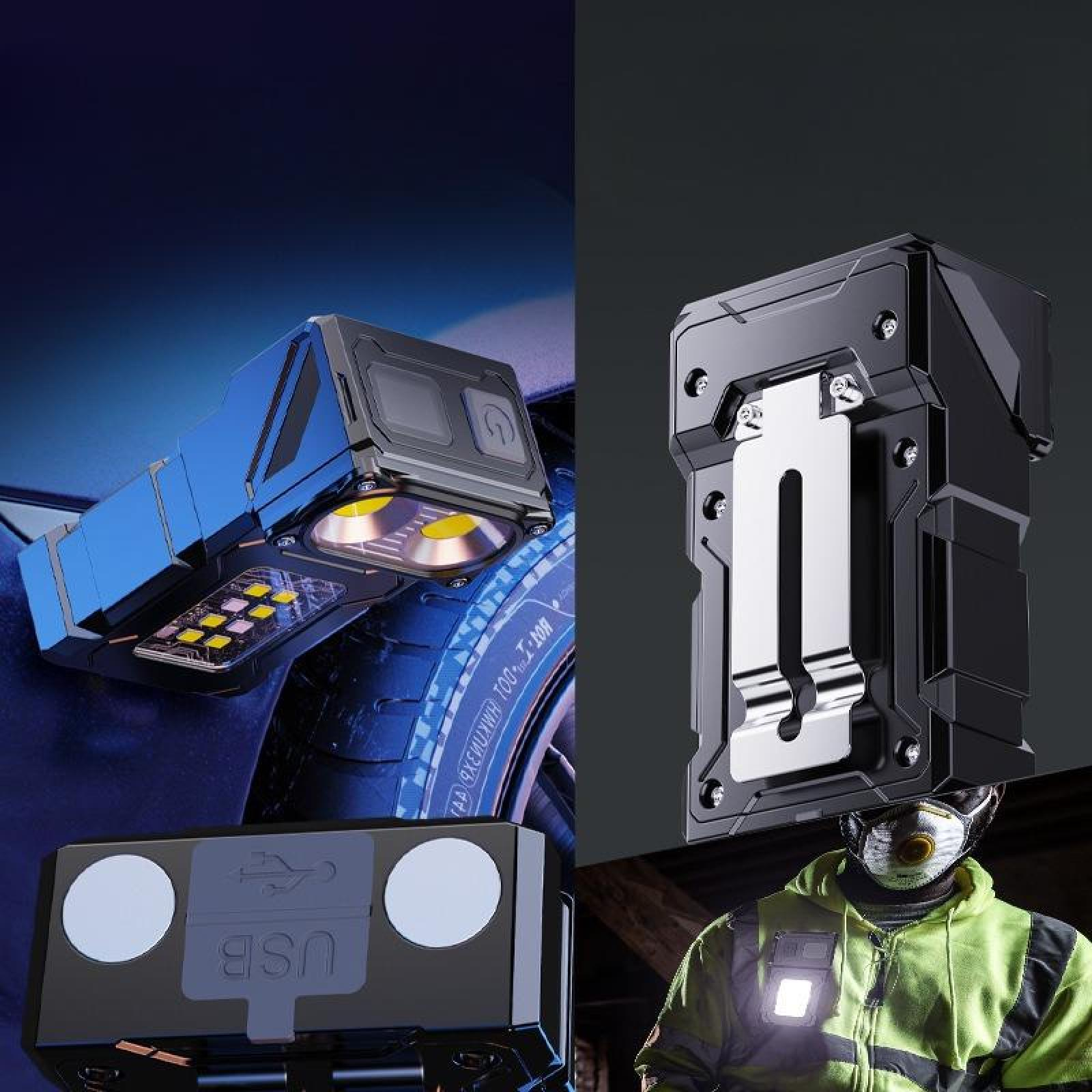 Das Bild zeigt eine blaue und schwarze LED-Arbeitsleuchte und eine schwarze Arbeitsleuchte, die an einer Person mit gelber Jacke befestigt ist.