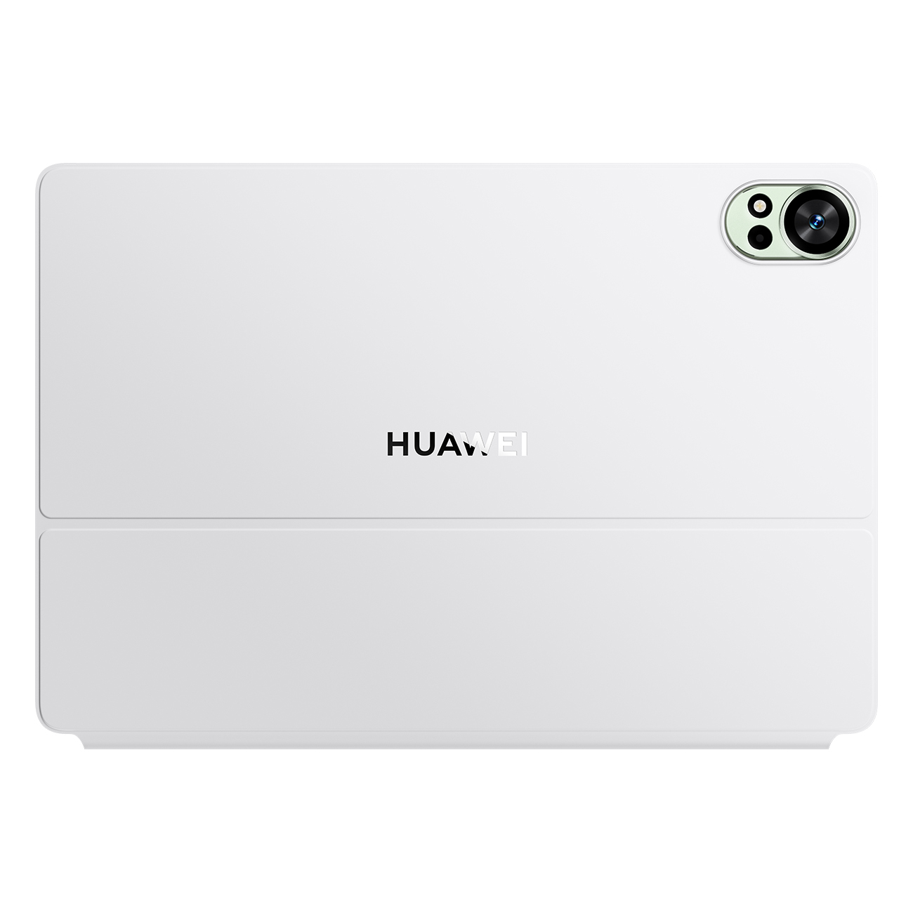 Weißes Huawei-Tablet mit Kamera. Das Tablet ist zusammengeklappt und zeigt den Markennamen. Die Kamera hat zwei Objektive und einen Blitz.