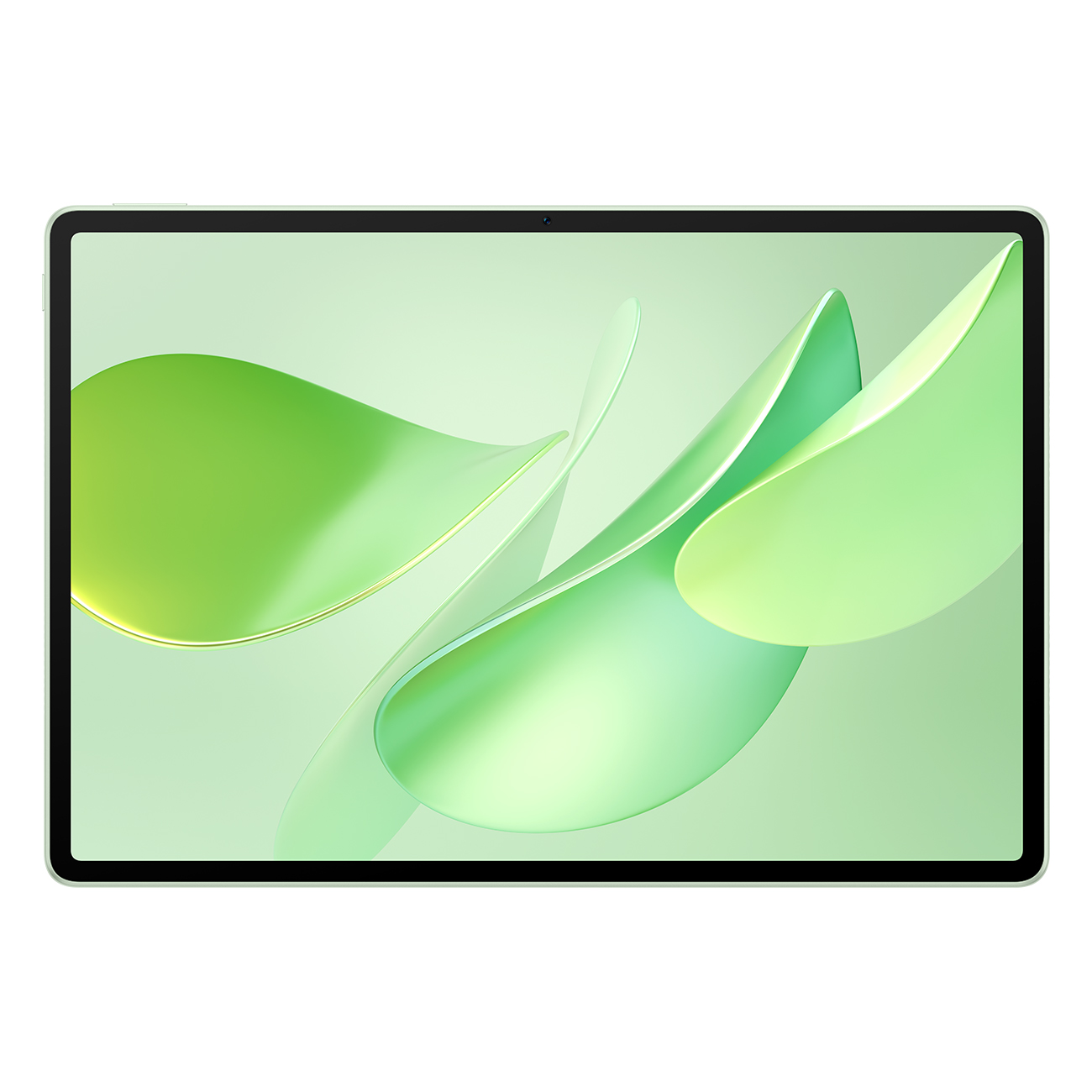 Ein Tablet mit grünem Bildschirm, der abstrakte grüne Formen zeigt. Das Tablet hat einen schwarzen Rand und einen hellgrünen Rahmen.
