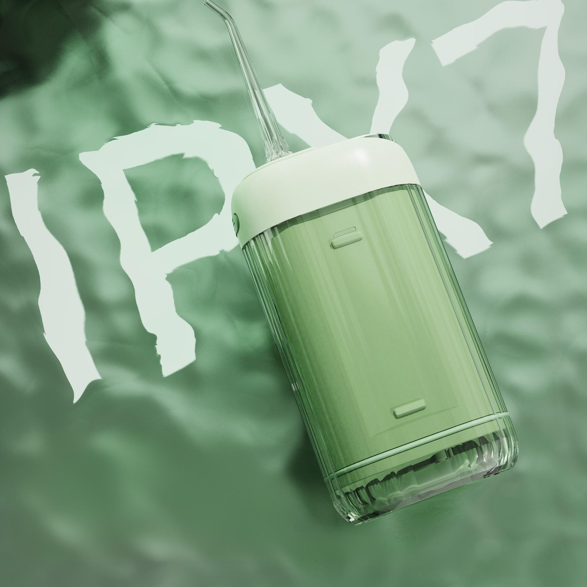 Grüner Wasserflosser mit transparentem Behälter. Text 'IPX7' in Weiß auf grünem Hintergrund.
