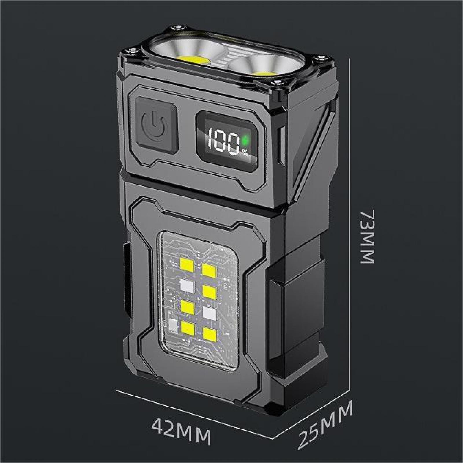 Graue Taschenlampe mit Abmessungen, Power-Taste und digitaler Anzeige mit 100%. Unten befinden sich LED-Leuchten.