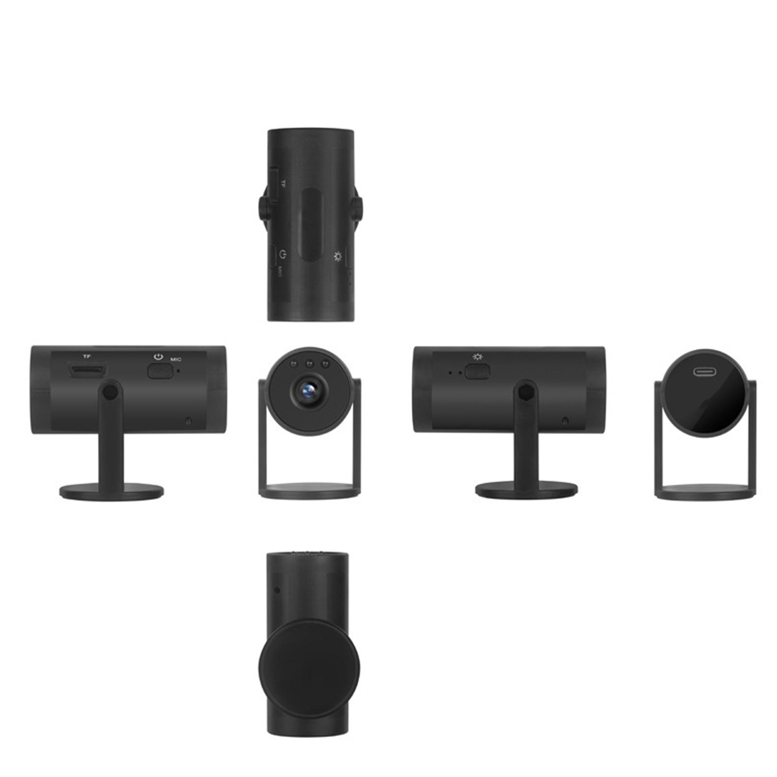 Schwarze Dashcam in mehreren Ansichten. Enthält Objektiv, Tasten und Anschlüsse, mit Ständer.