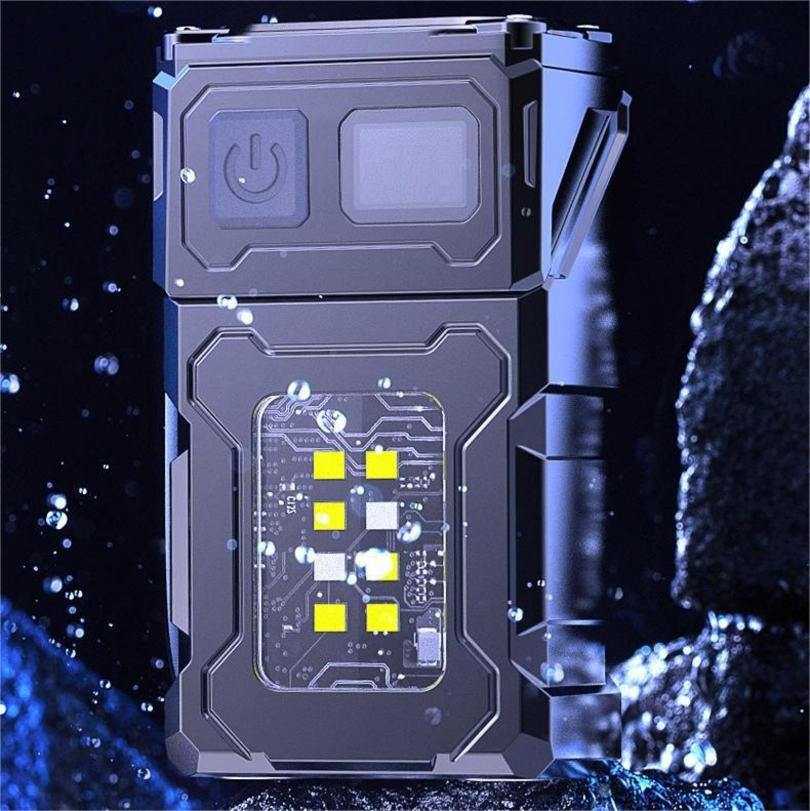 Ein dunkelgraues rechteckiges Gerät mit Ein/Aus-Taste und Bildschirm. Es hat eine Platine mit gelben Lichtern.