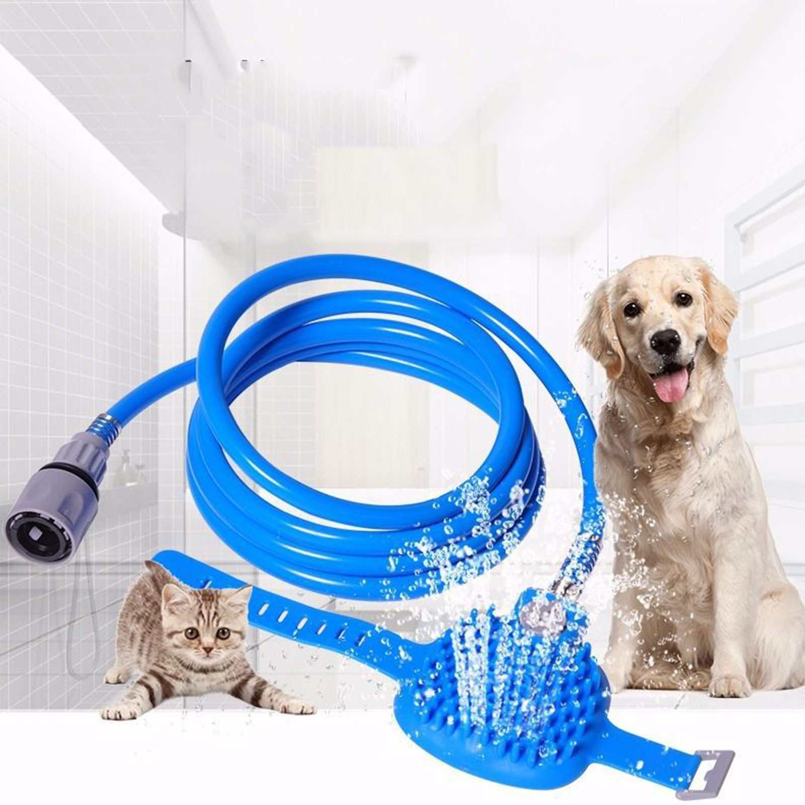 Eine blaue Haustierdusche mit Katze und Hund. Wasser spritzt aus dem Bürstenkopf. Der Hund ist nass.