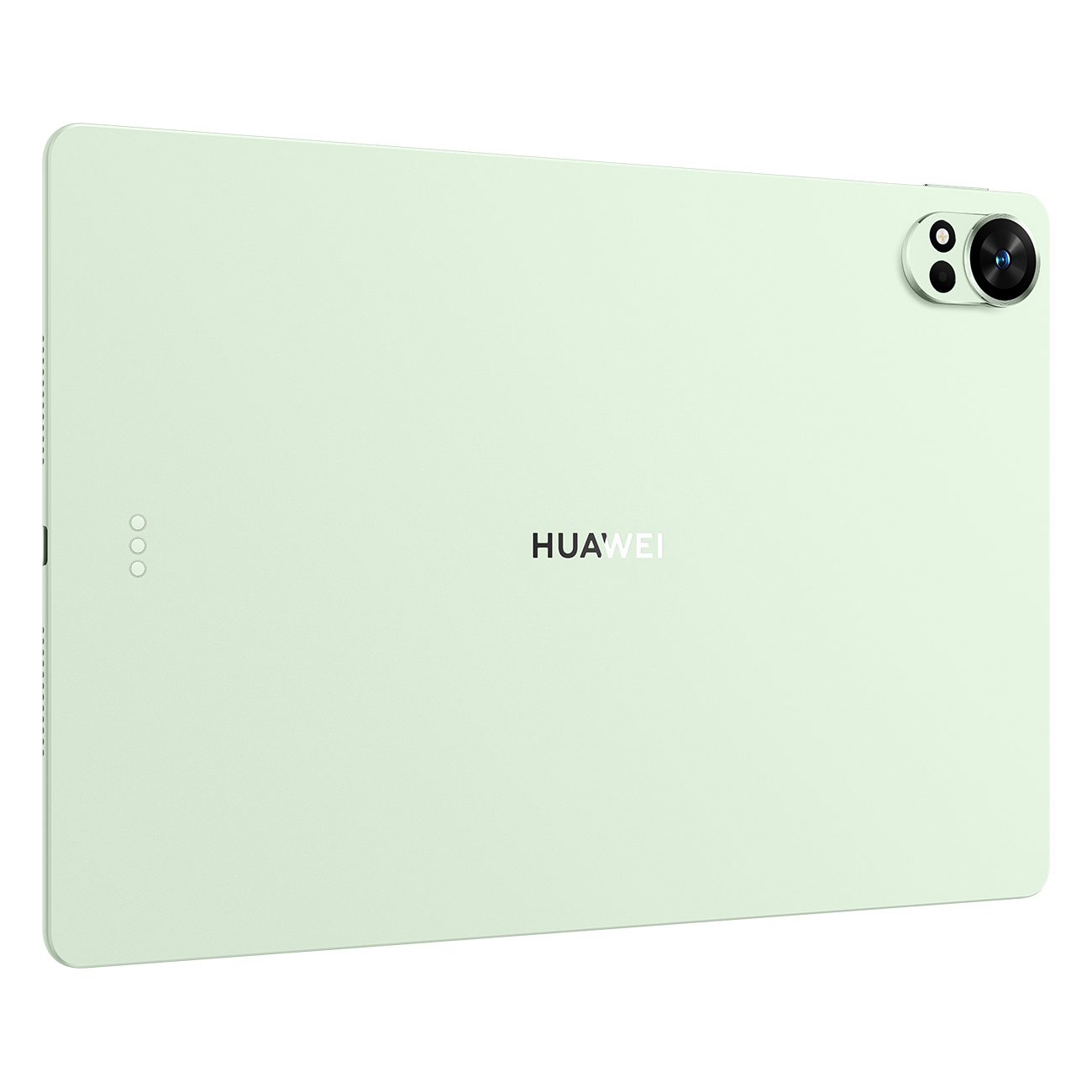 Ein hellgrünes Huawei-Tablet. Es hat eine Kameraerhebung mit zwei Linsen oben rechts und den Markennamen in der Mitte.