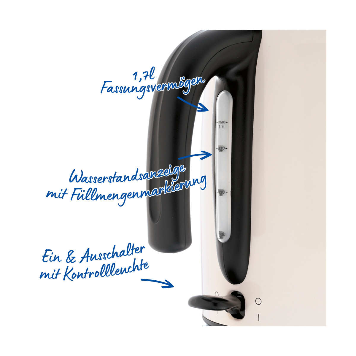 Nahaufnahme eines weißen Wasserkochers mit schwarzem Griff. Es hat eine Wasserstandsanzeige und einen Ein-/Ausschalter.
