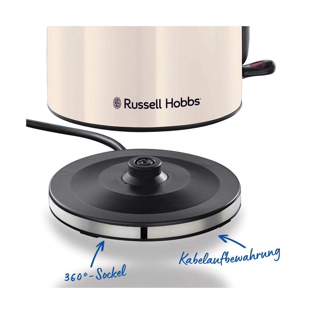 Cremefarbener Russell Hobbs Wasserkocher über schwarzem Sockel. Sockel hat 360°-Sockel und Kabelaufbewahrung. Schwarzer Griff und Logo sichtbar.