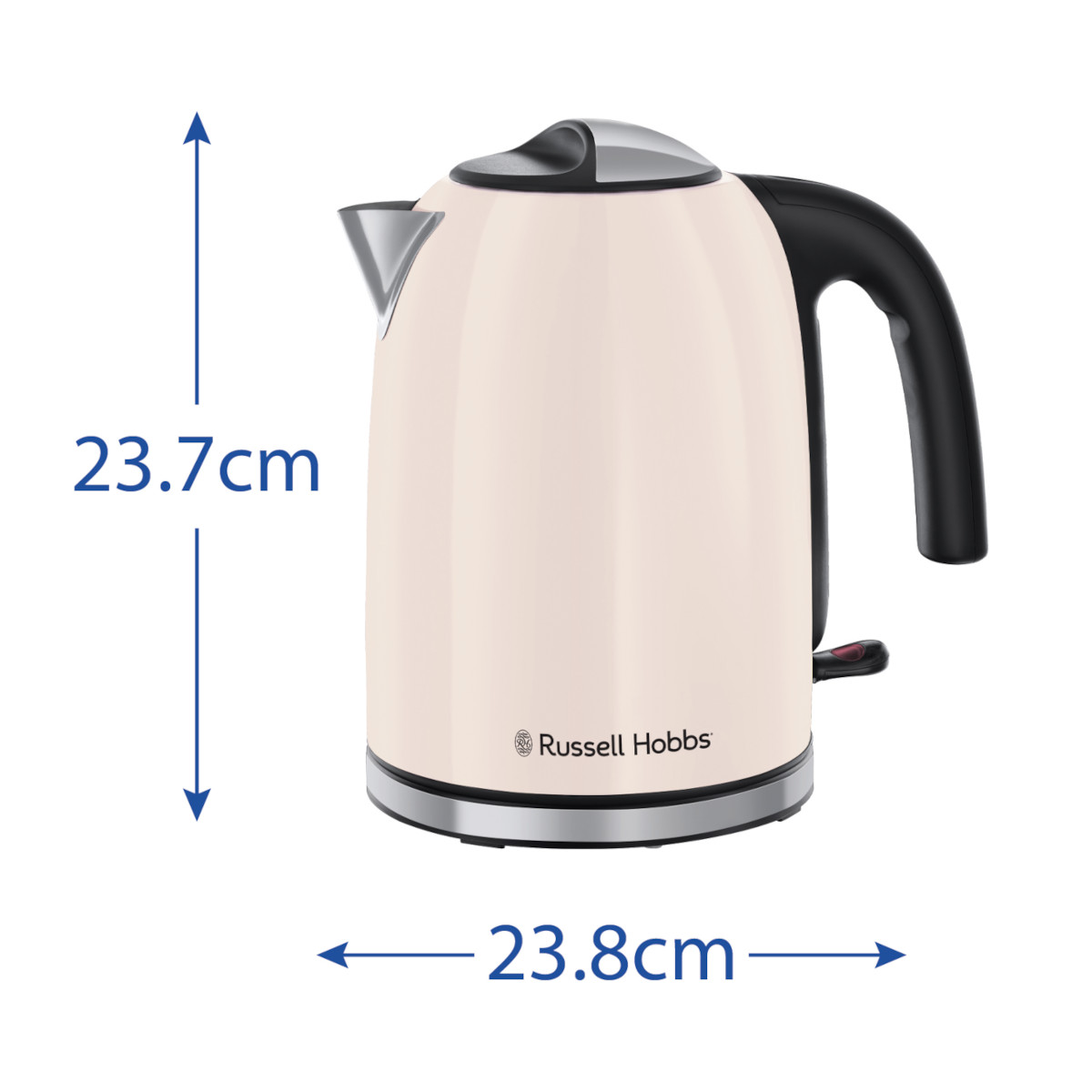 Ein cremefarbener Russell Hobbs Wasserkocher mit schwarzem Griff und silbernem Boden und Deckel. Abmessungen: 23,7 cm x 23,8 cm.