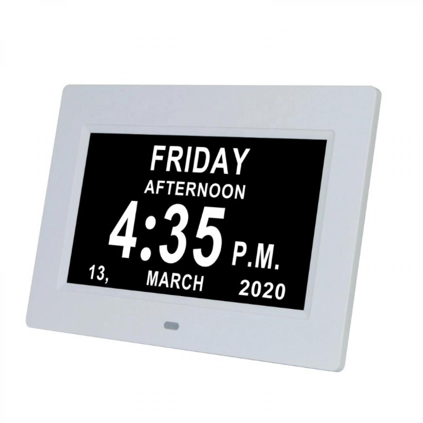 Eine weiße Digitaluhr zeigt Freitagnachmittag, 16:35 Uhr, 13. März 2020 an. Die Uhr hat einen weißen Rahmen und einen schwarzen Bildschirm.