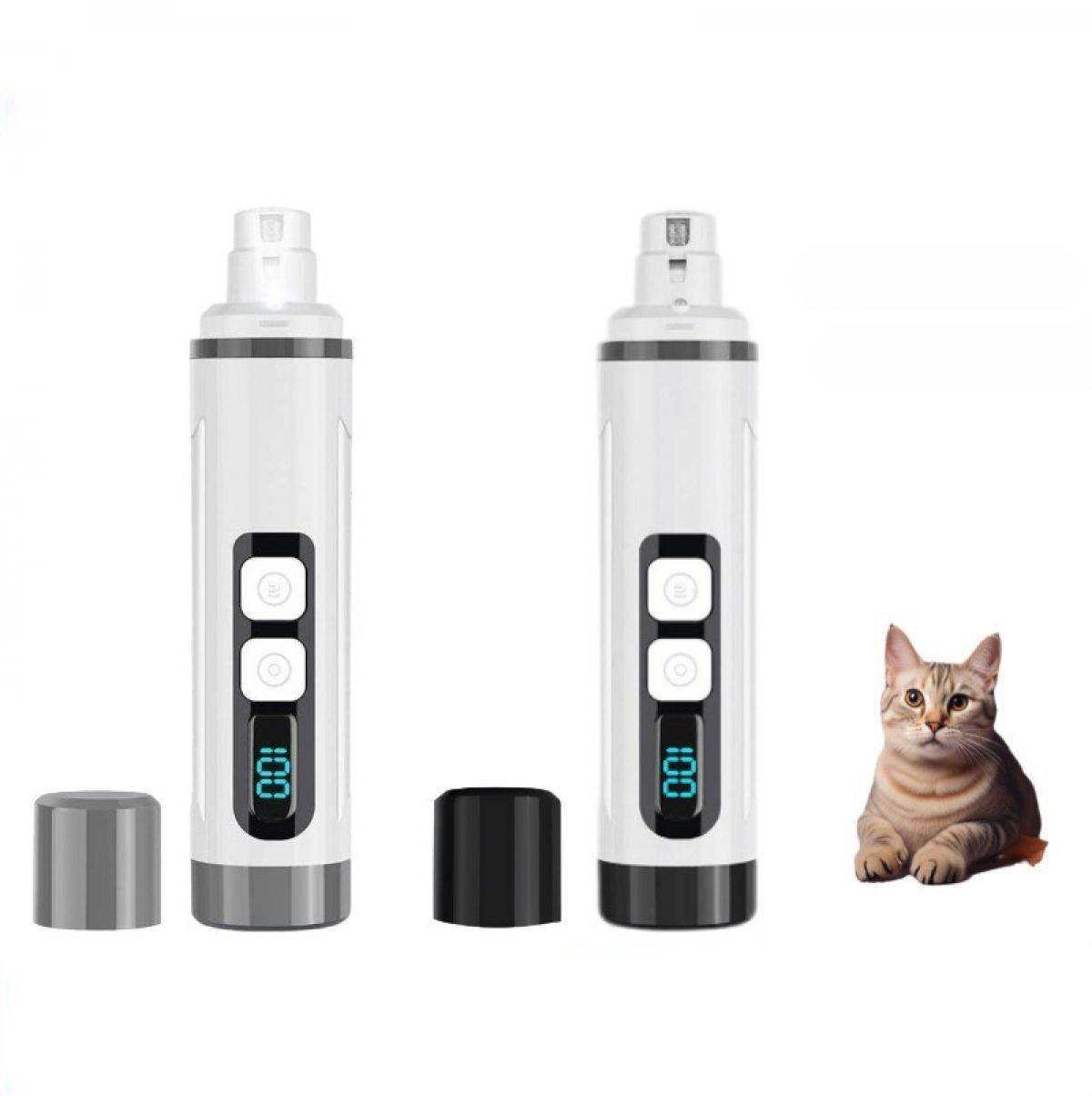 Das Bild zeigt zwei Nagelpolierer, eine Katze und zwei schwarze Kappen. Die Schleifer sind weiß, mit einer Digitalanzeige mit 100.