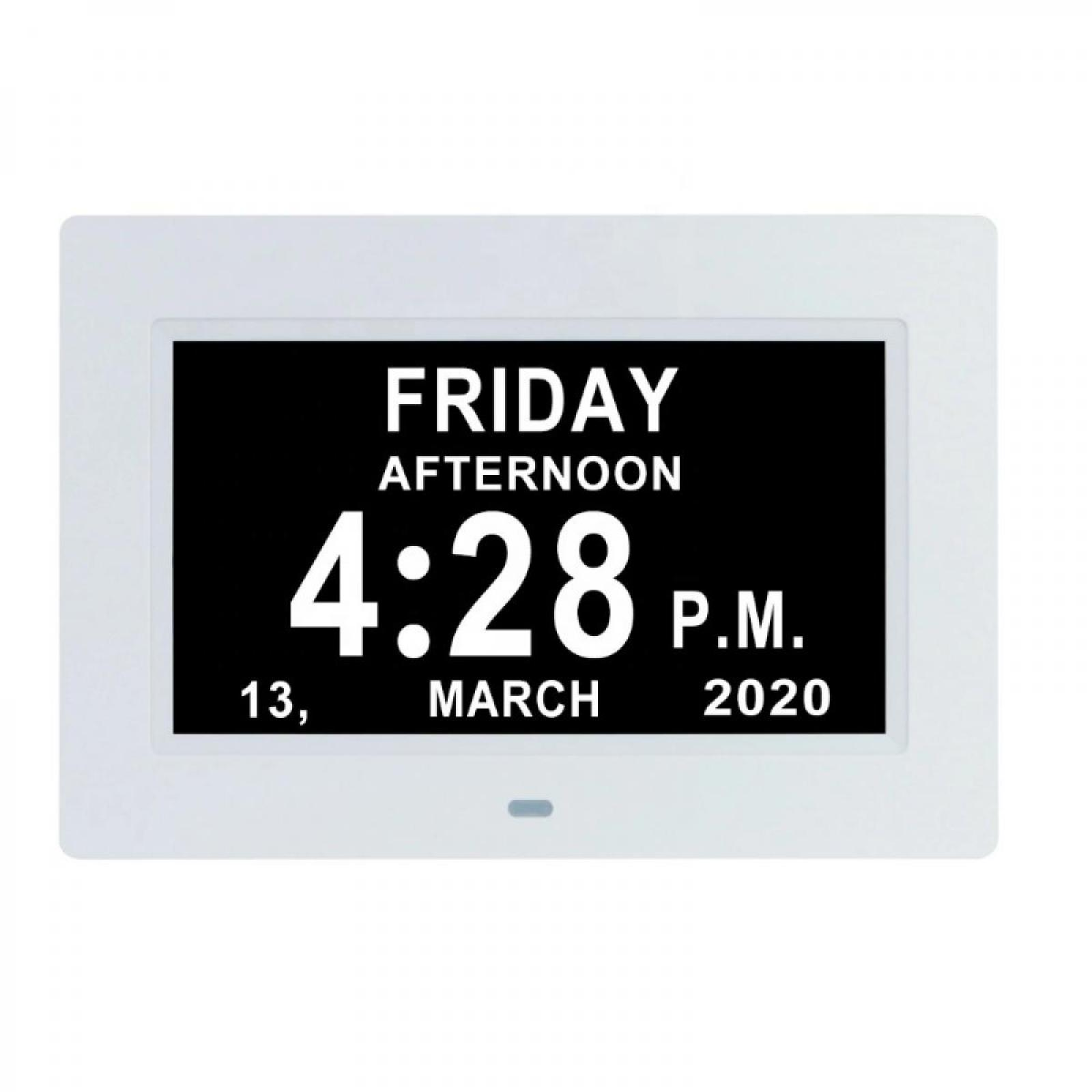 Eine weiße Digitaluhr zeigt Datum und Uhrzeit an: Freitag, Nachmittag, 16:28 Uhr, 13. März 2020.