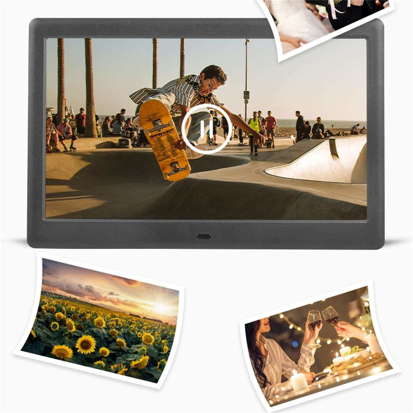 Digitaler Fotorahmen mit einem Skateboarder in einem Skatepark, mit Fotos von Sonnenblumen und Wein.