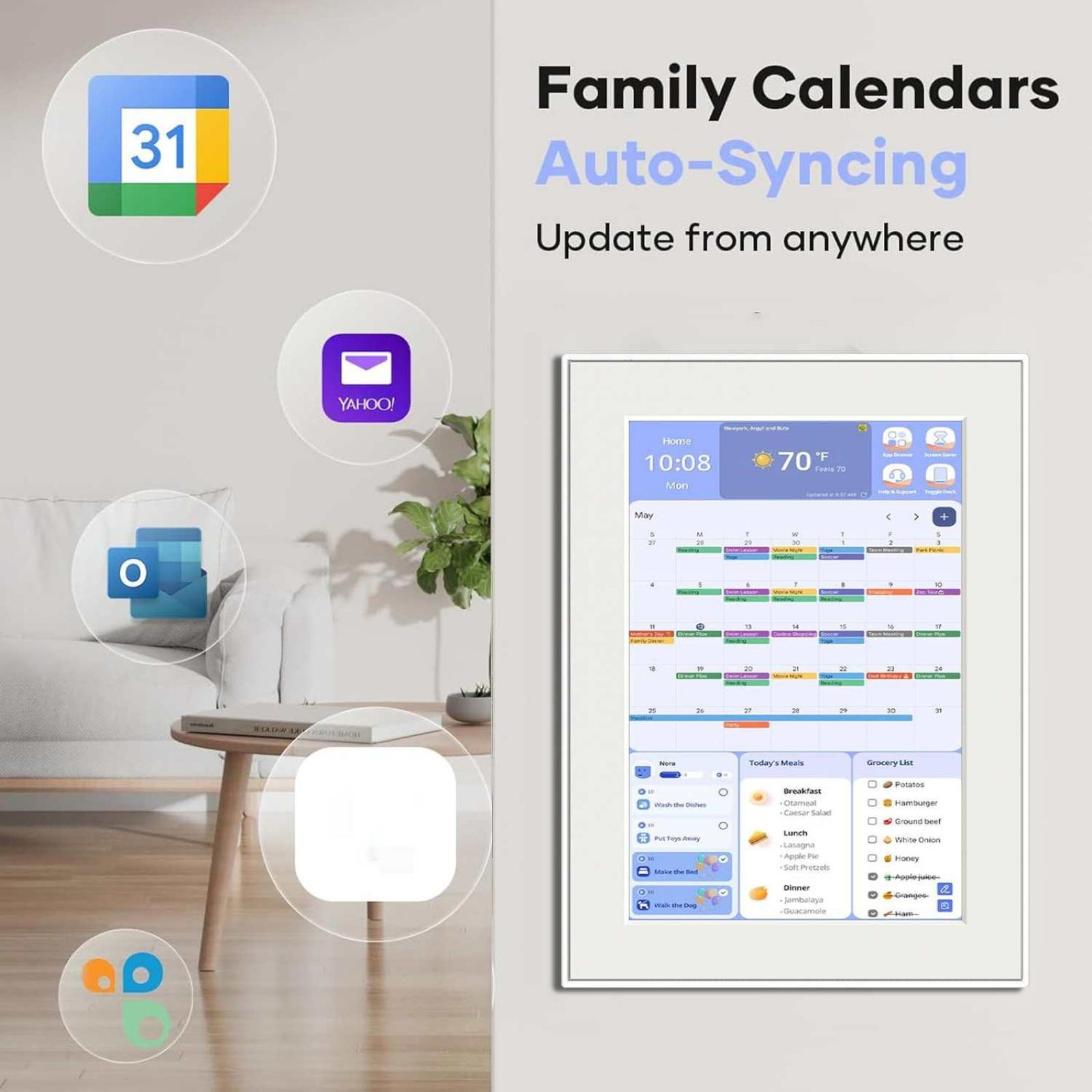 Digitaler Kalender an einer weißen Wand. Symbole für Yahoo, Outlook und ein Kalender sind links. Der Kalender ist Mai.