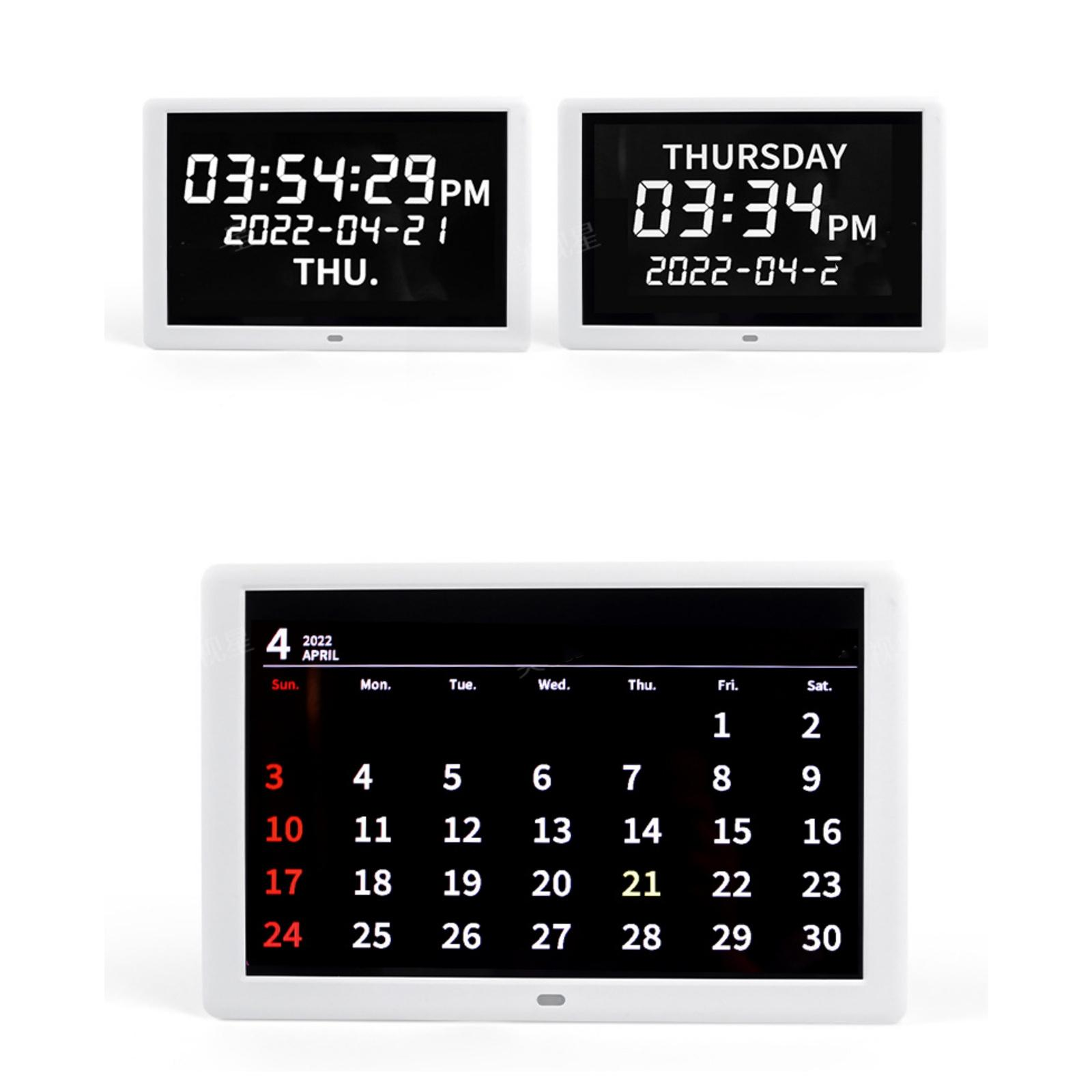 Drei Digitaluhren zeigen Zeit und Datum, plus ein Kalender mit April 2022 und hervorgehobenen Daten.