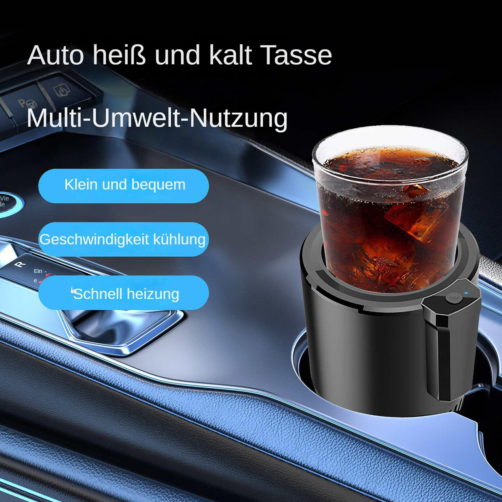 Ein Getränkehalter mit einem Glas Getränk. Der Halter befindet sich in einer Autokonsole. Text auf Deutsch steht oben.