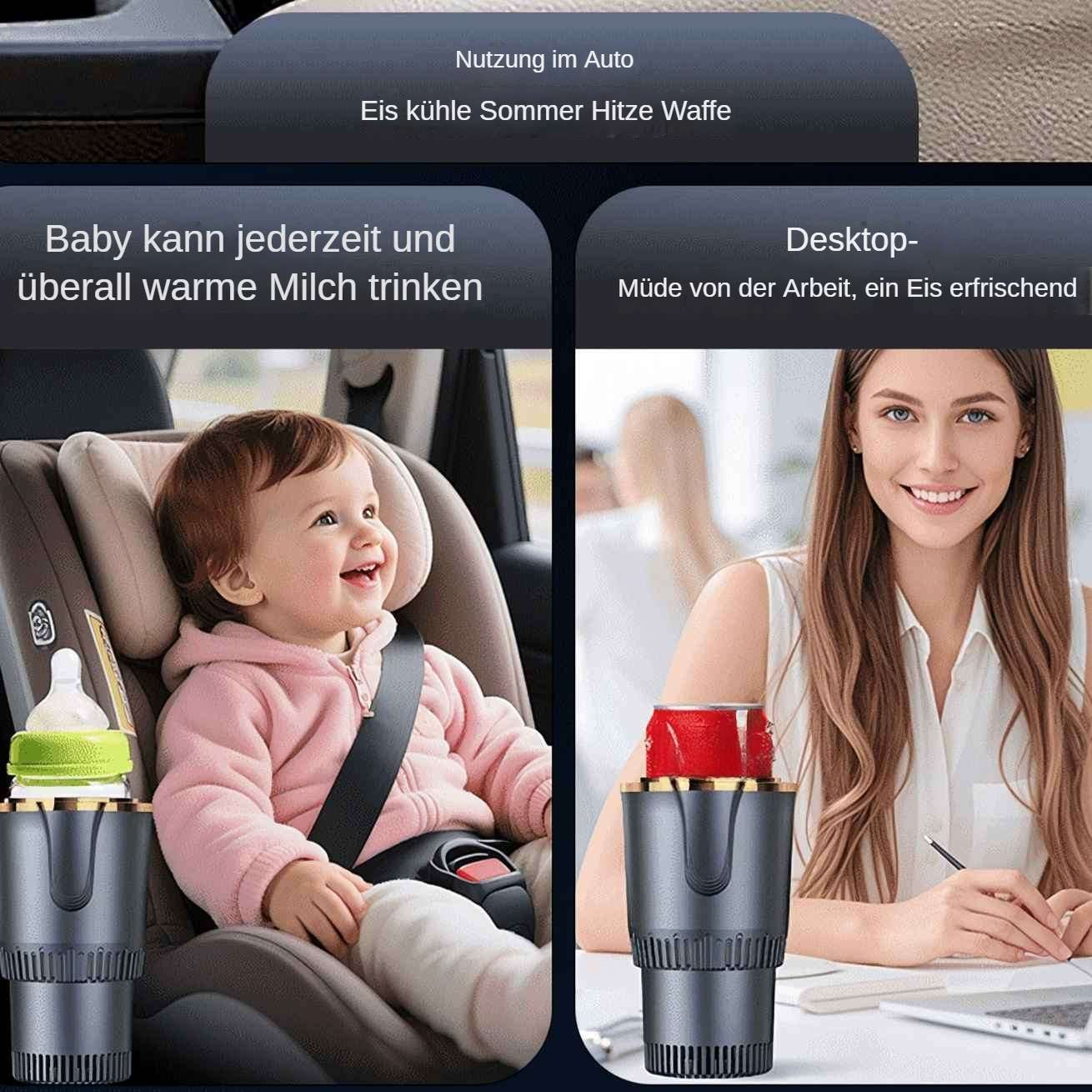Das Bild zeigt ein Baby in einem Autositz mit einer Flasche und eine Frau an einem Schreibtisch mit einer Dose in einem Getränkehalter.