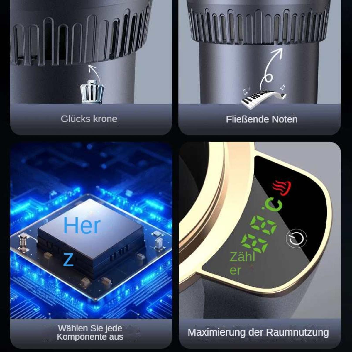 Das Bild zeigt Nahaufnahmen mit deutschem Text. Es zeigt Teile eines Geräts mit Krone, Tastatur, Leiterplatte und Display.