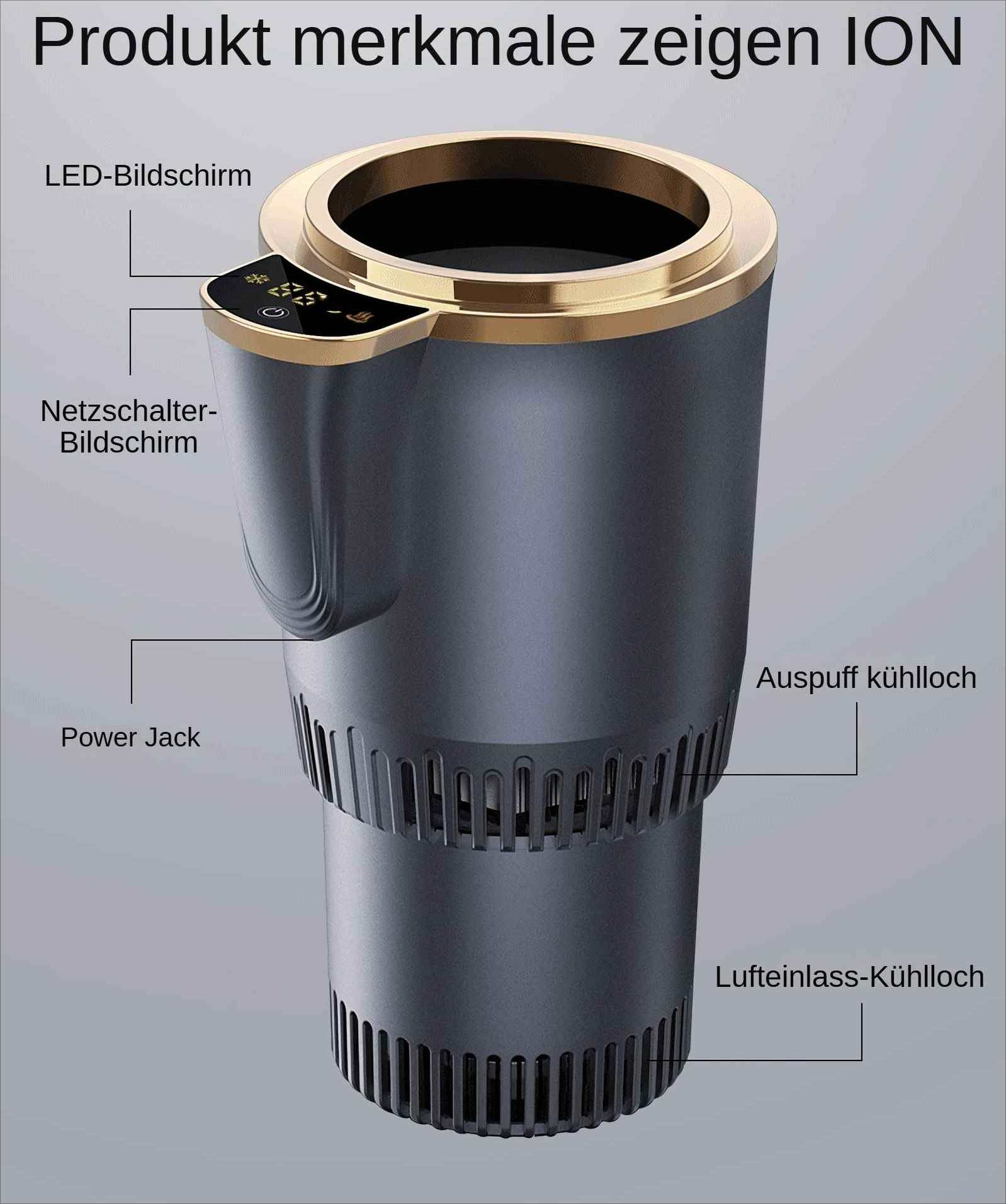 Ein dunkelgrauer Autobecherkühler mit goldenem Rand. Er hat ein Display und Luftschlitze. Beschriftet sind LED-Bildschirm, Stromanschluss usw.