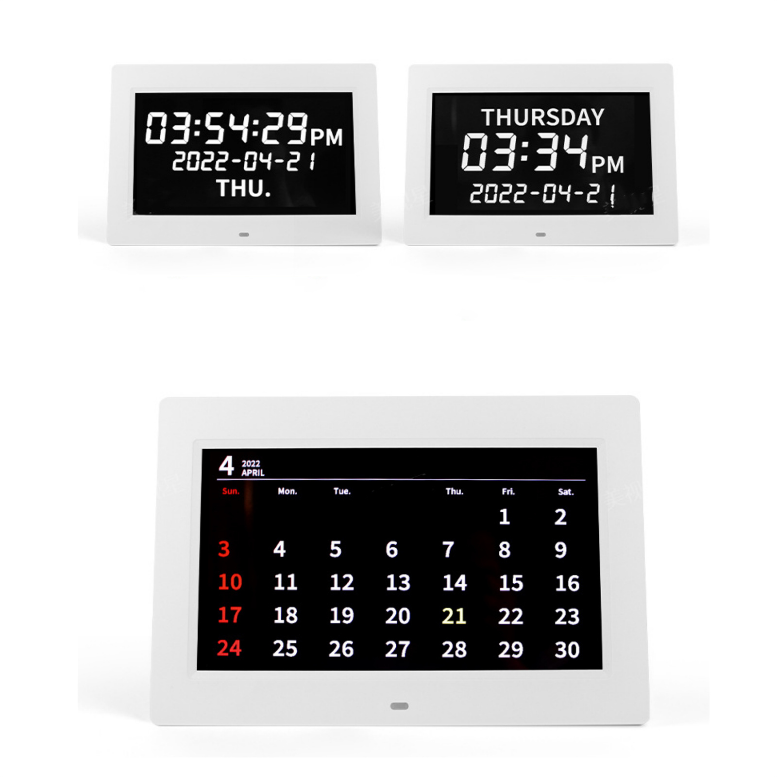 Drei weiße digitale Kalenderuhren zeigen Zeit und Datum an. Eine zeigt einen Kalender.