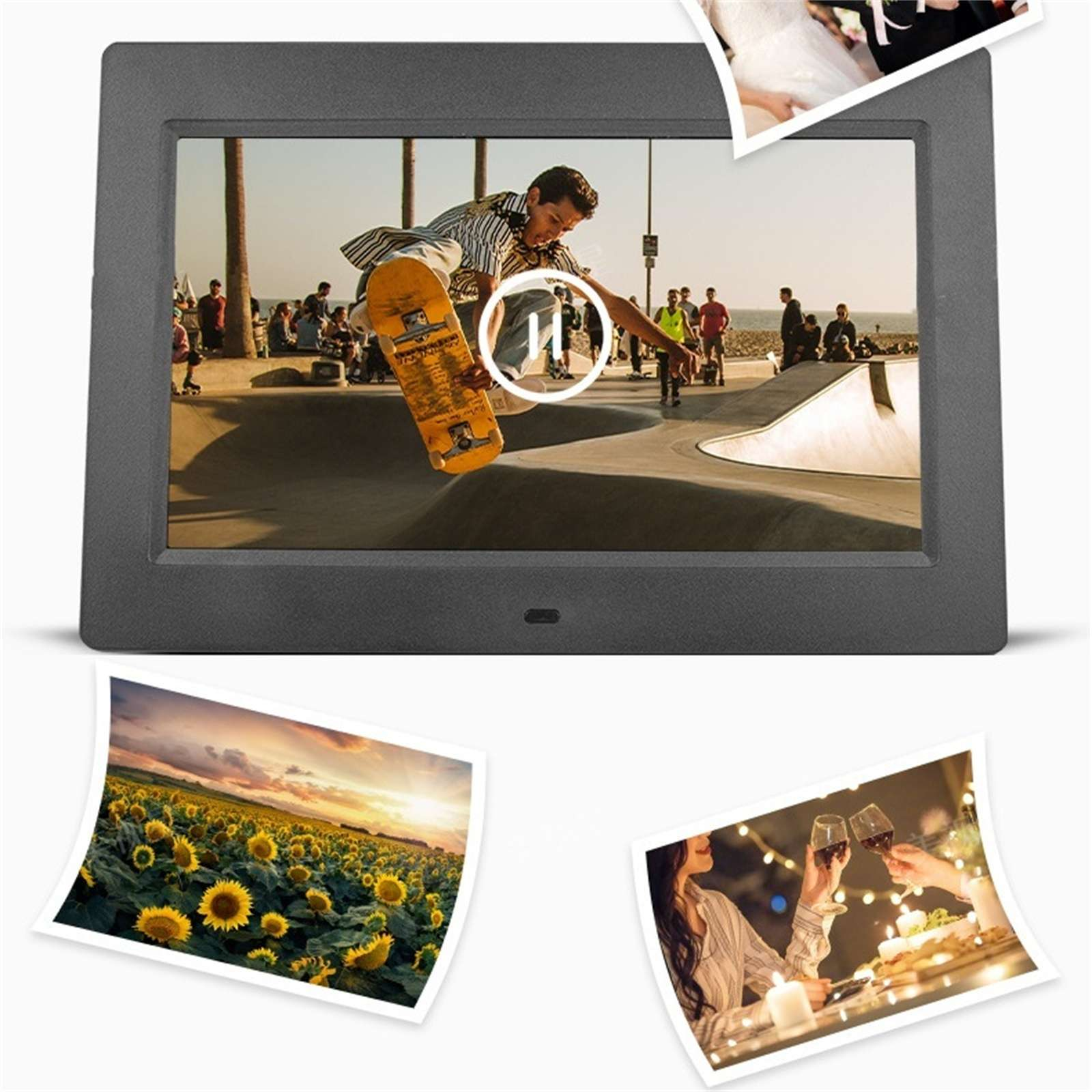 Digitaler Fotorahmen zeigt einen Skater in einem Skatepark. Kleinere Fotos von Sonnenblumen, Wein und einer Hochzeit sind ebenfalls vorhanden.