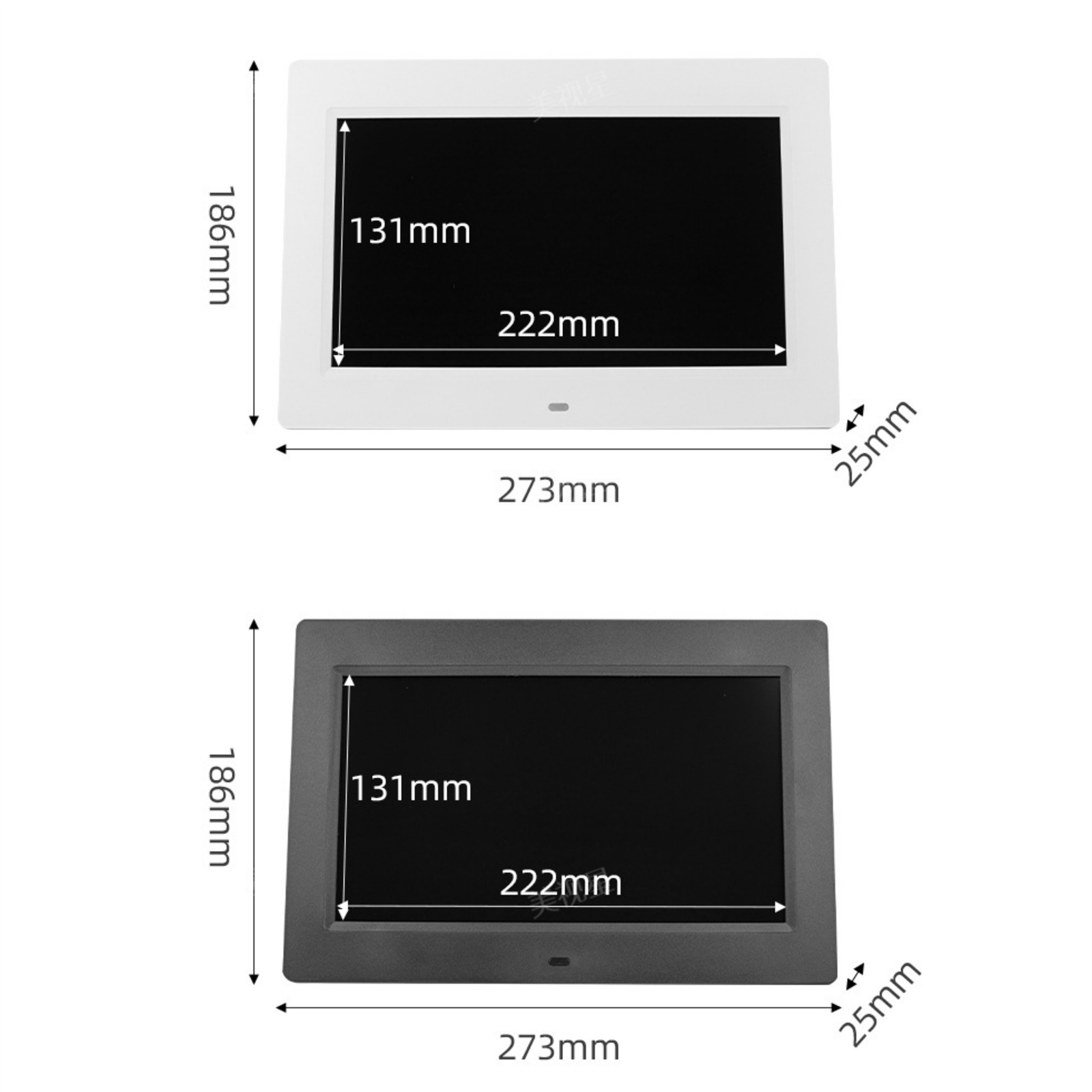 Zwei digitale Bilderrahmen. Oben weiß, unten grau. Abmessungen: 186 mm x 273 mm x 25 mm, Bildschirmgrößen angegeben.