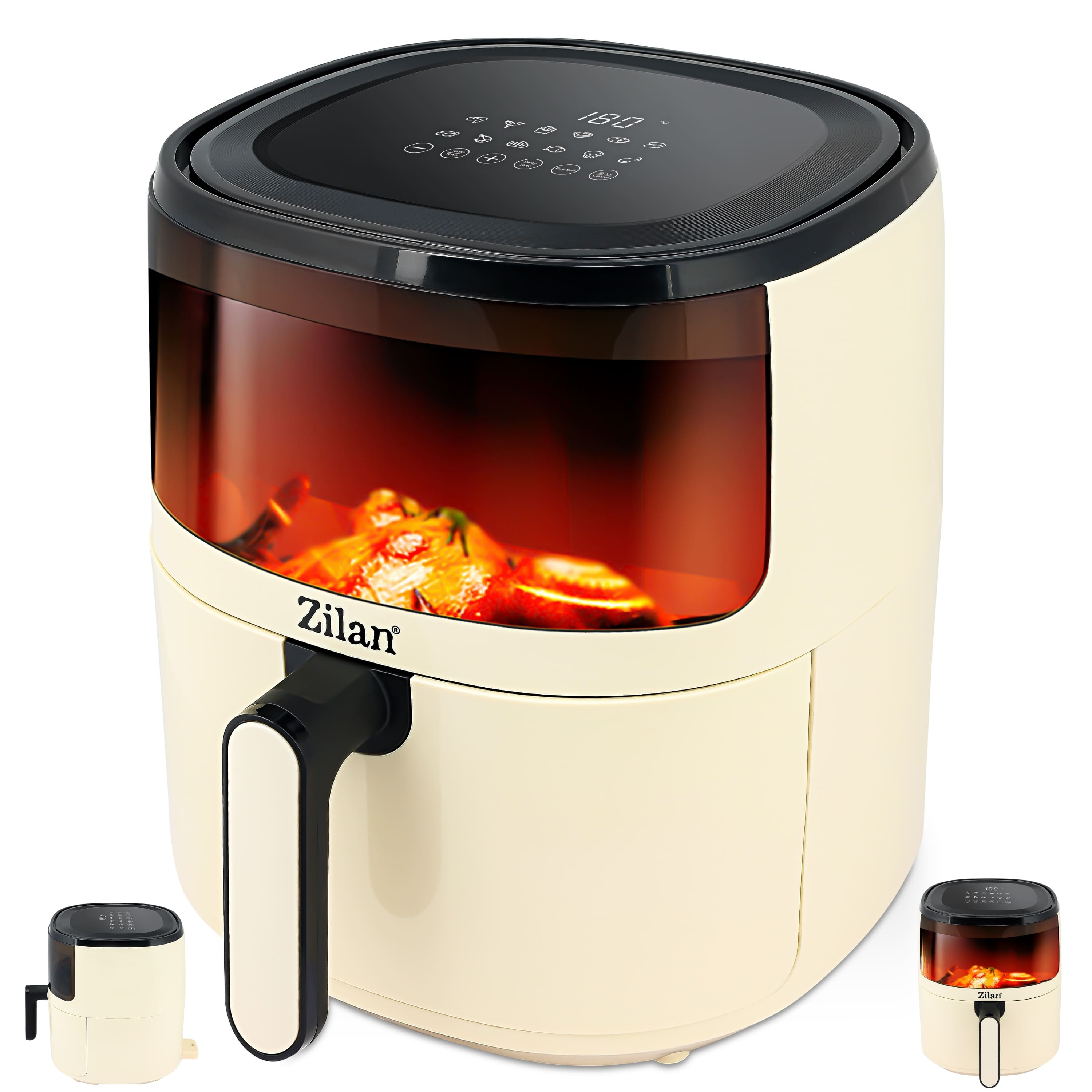 Ein cremefarbener Airfryer mit schwarzen Akzenten, der Essen anzeigt. Eine kleinere Version befindet sich links. Die Marke ist Zilan.