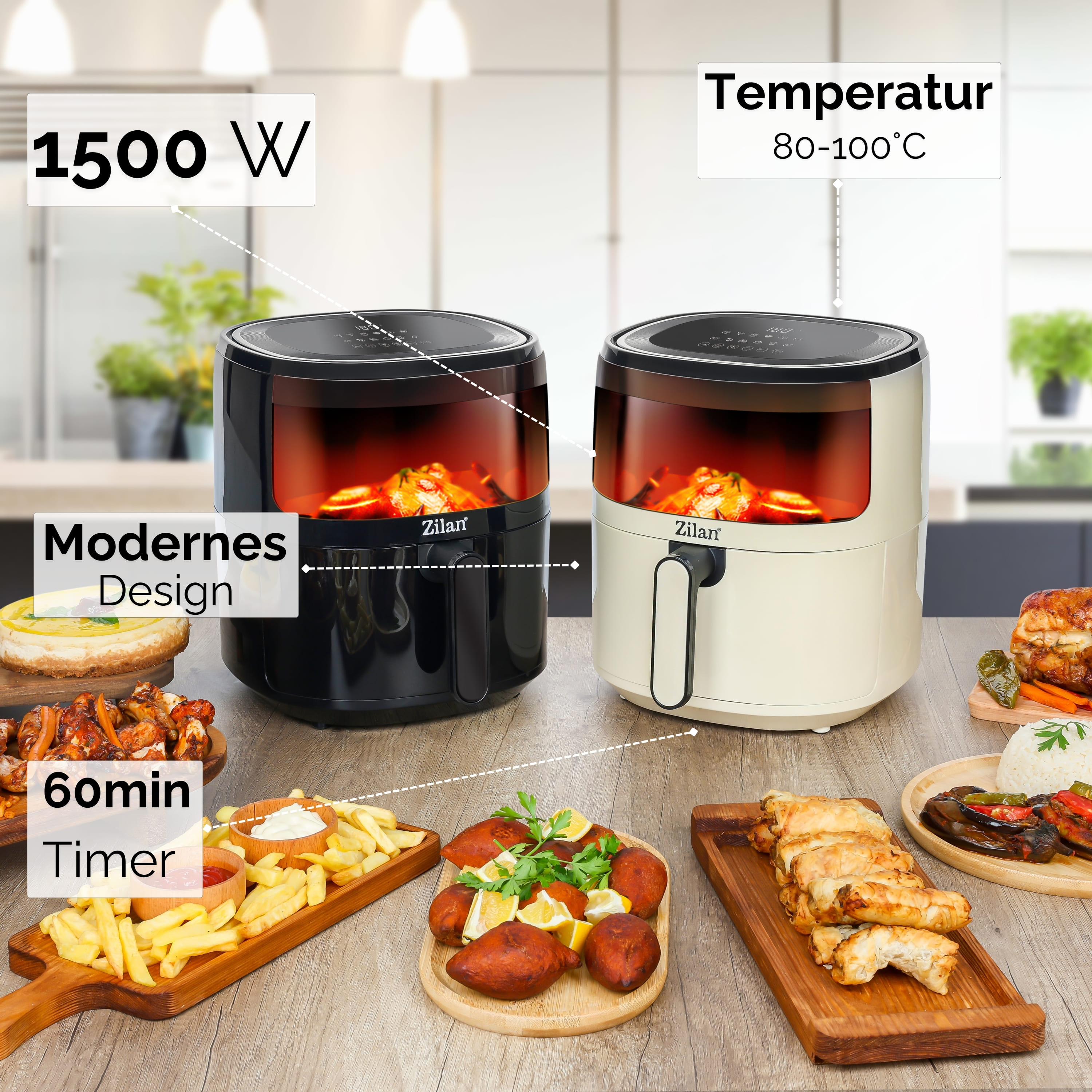 Zwei Fritteusen mit Speisen, Pommes Frites, Hühnchen und anderen Gerichten auf einem Holztisch. Textaufkleber.