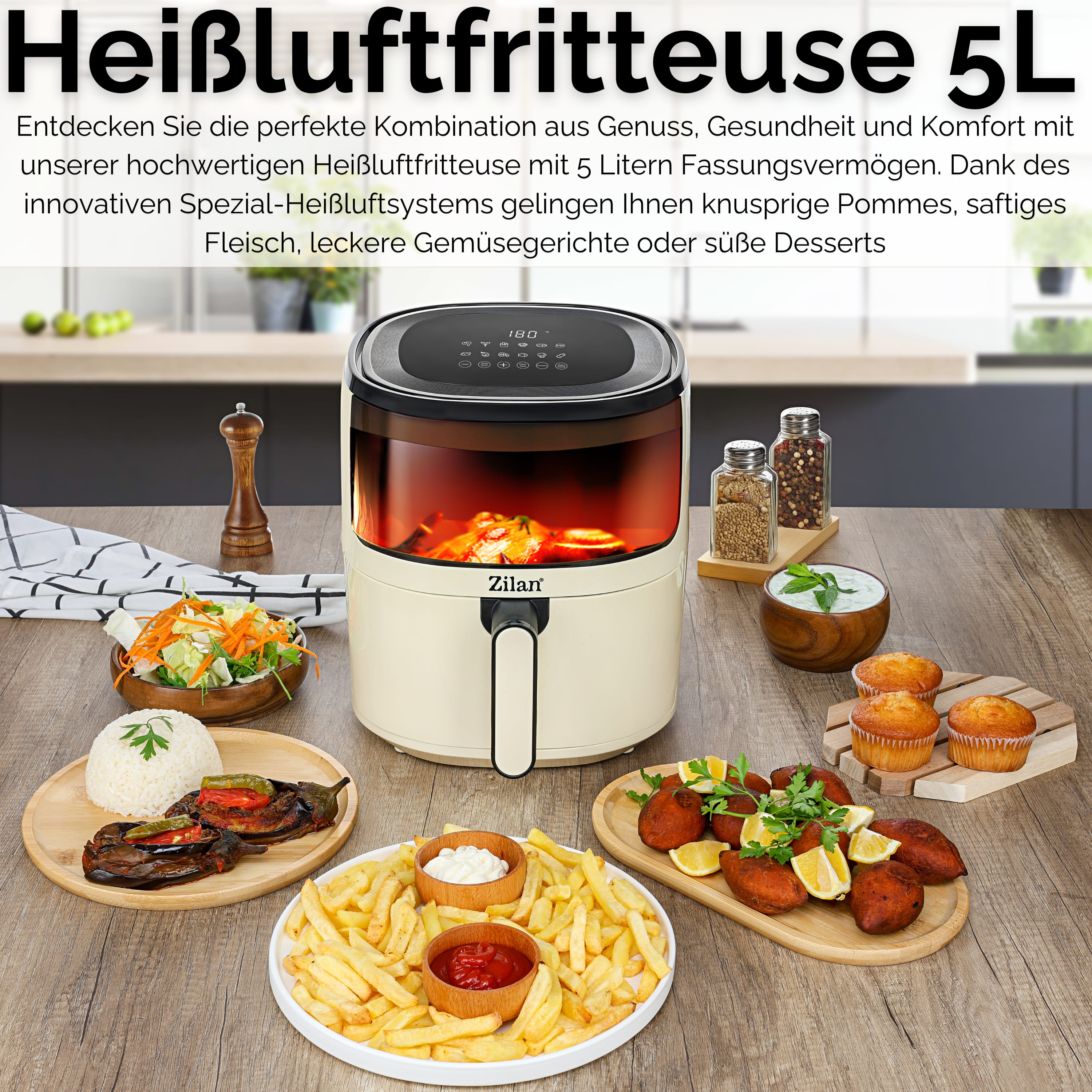 Eine Heißluftfritteuse mit Essen wie Pommes und Fleisch steht auf einem Holztisch. Die Marke ist Zilan.