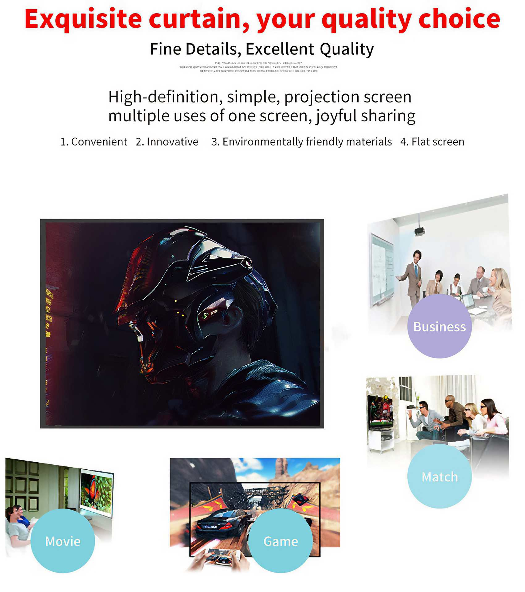 Eine Werbung für eine Projektionsleinwand, die mehrere Anwendungen wie Filme und Spiele zeigt, mit Geschäfts- und Spielszenen.