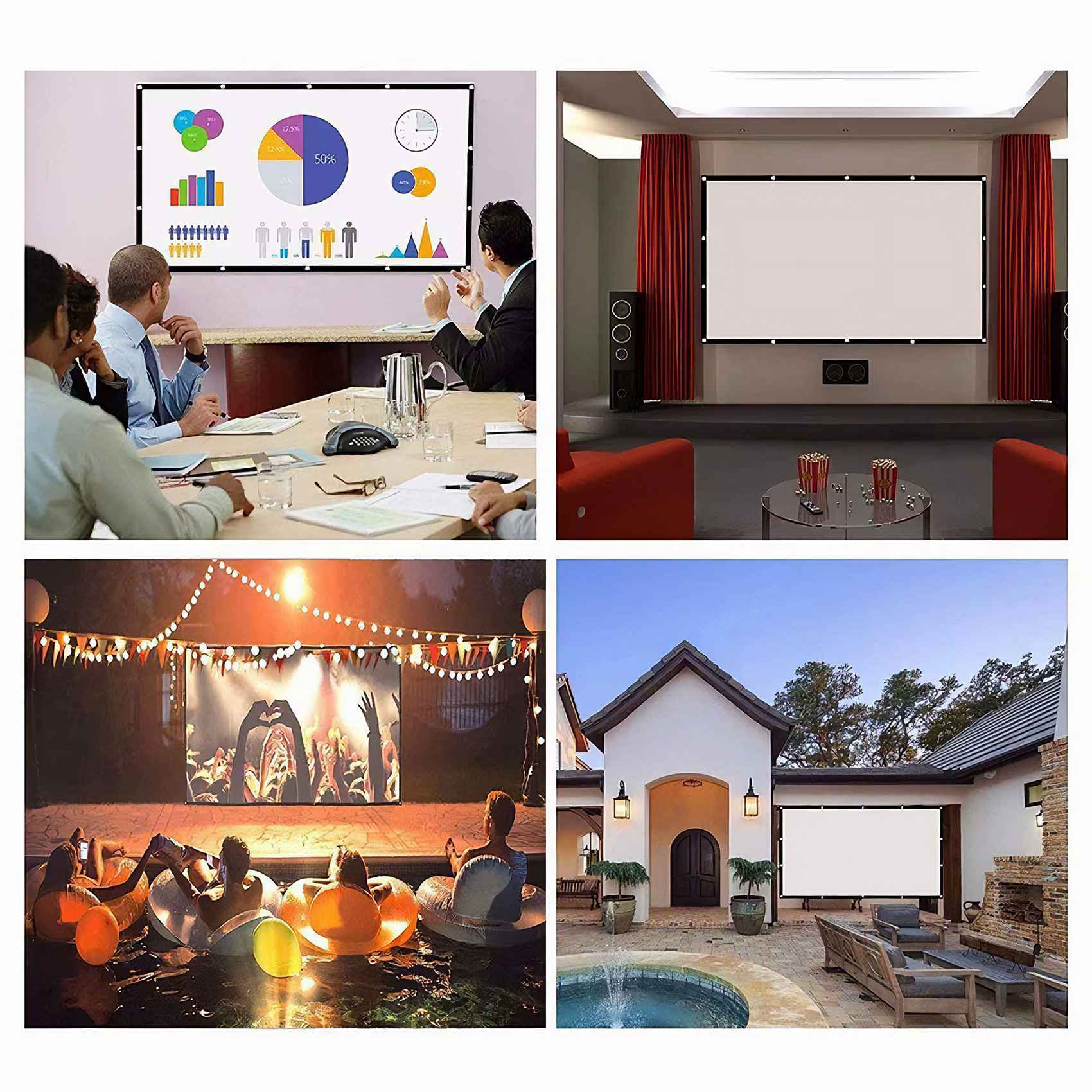 Vier Szenen: Besprechung mit Diagrammen, Heimkino, Poolparty mit Leinwand, Terrasse mit Leinwand.