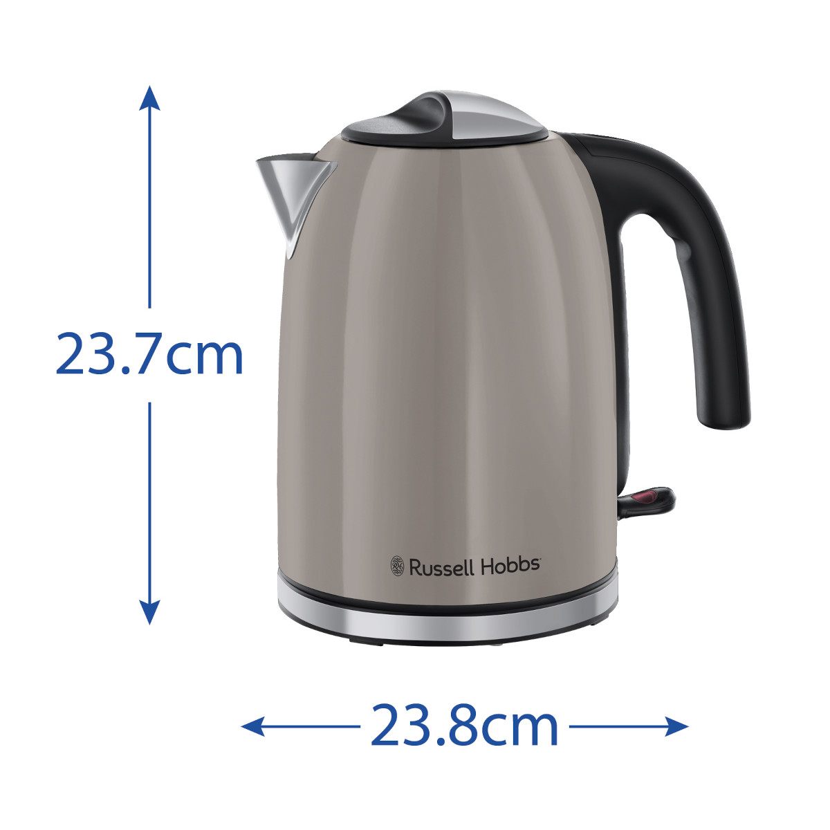 Ein beigefarbener Russell Hobbs Wasserkocher mit schwarzem Griff und silbernen Akzenten. Maße: 23,7 cm Höhe und 23,8 cm Breite.