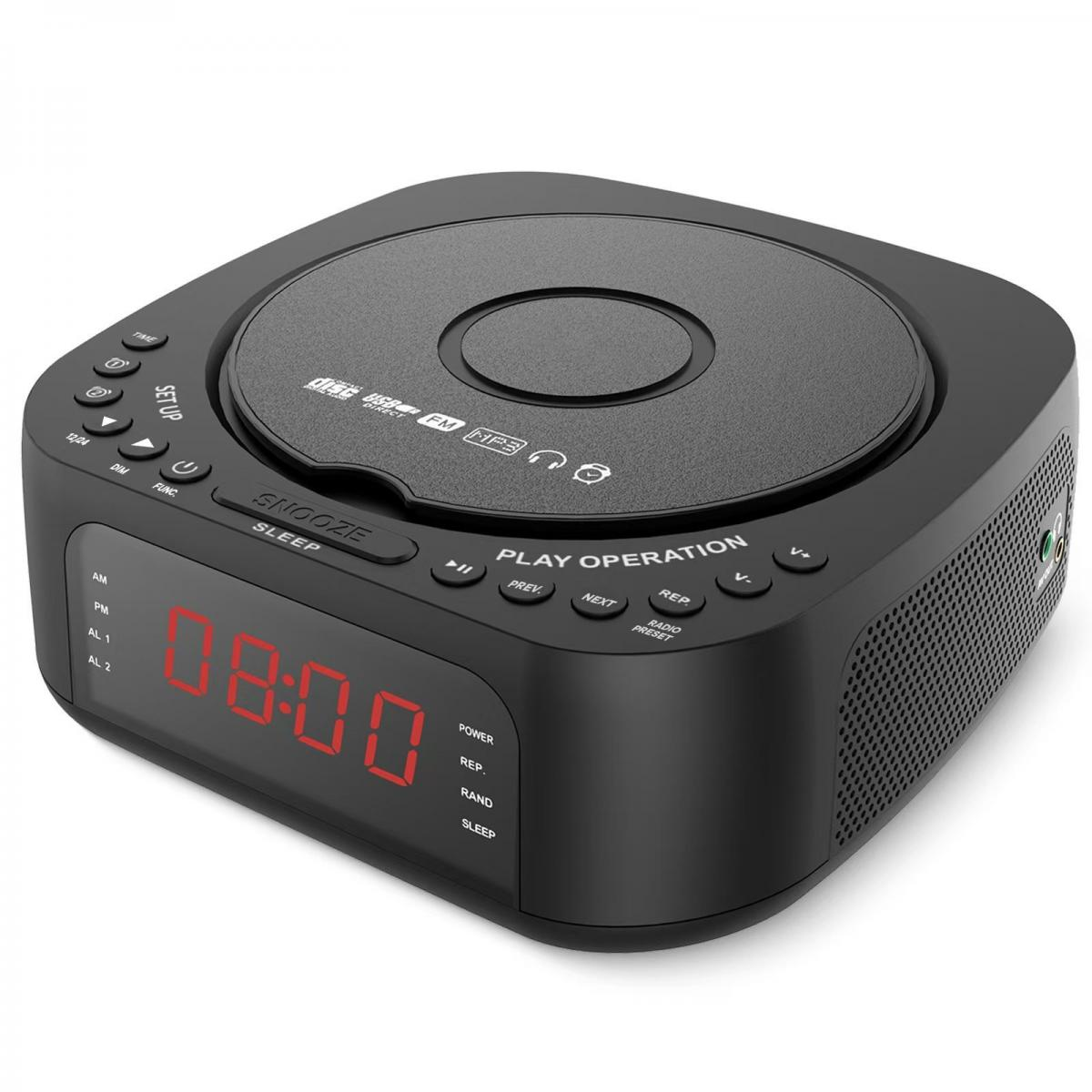 Schwarzes Digital-Radiowecker mit CD-Player oben, zeigt 08:00 an. Hat Tasten für Schlummer, Schlaf und Radiofunktionen.